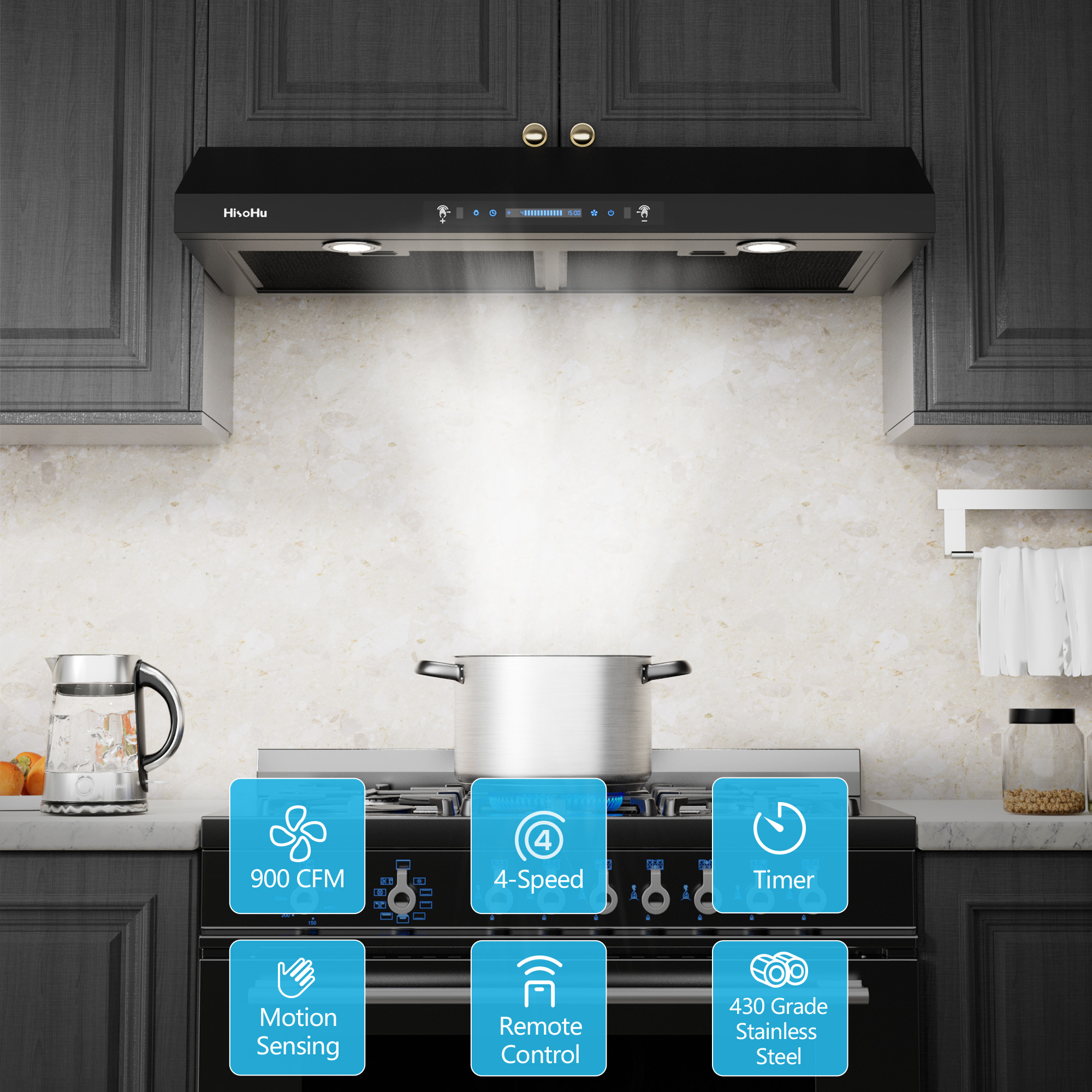 Under Cabinet Range Hood 30 in. 900 CFM Ducted . with Lights in Black Teflon Stainless Steel