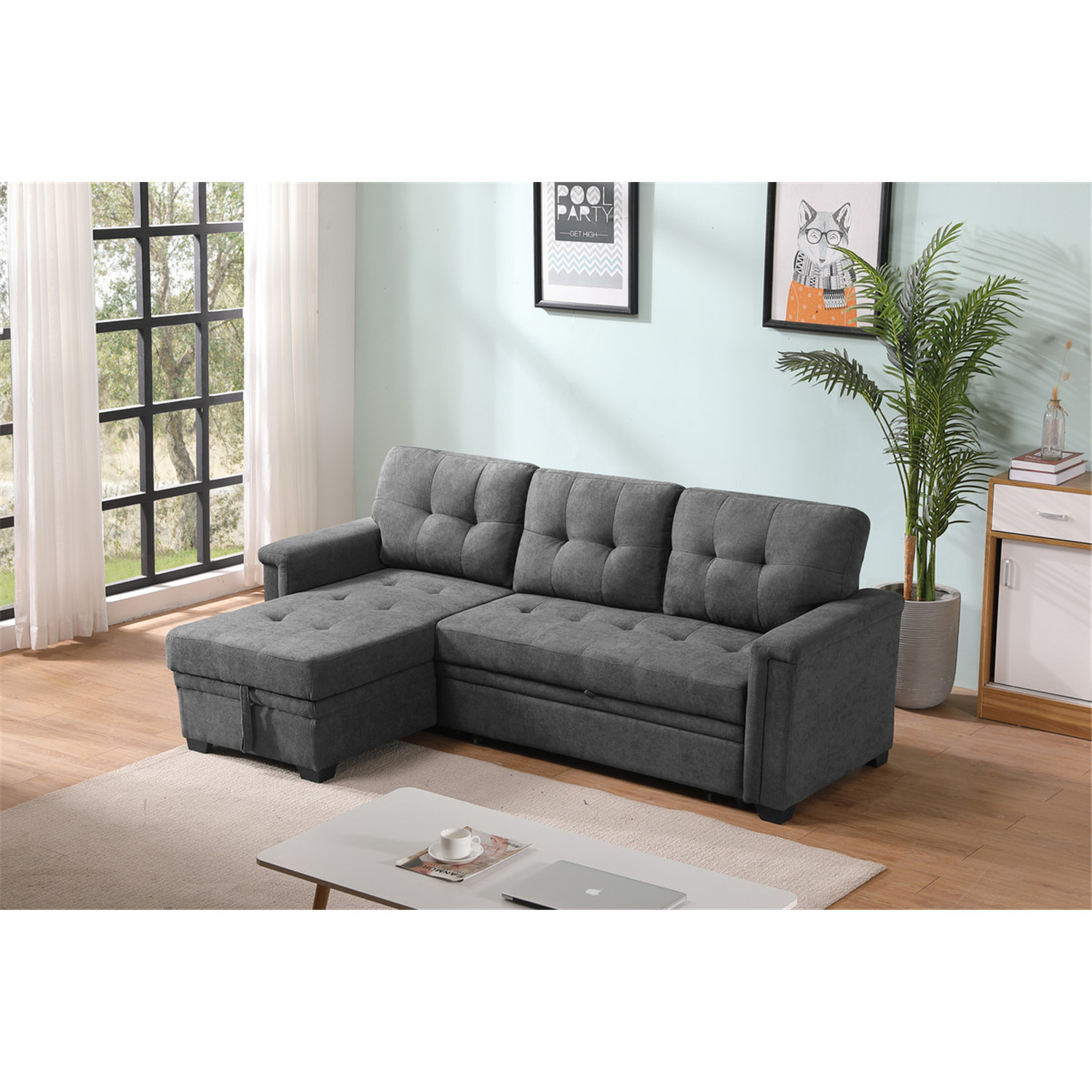 Maykoosh Rustic Refinement Gray Woven Fabric Sleeper Sectional Sofa Chaise with USB Charger and Tablet Pocket