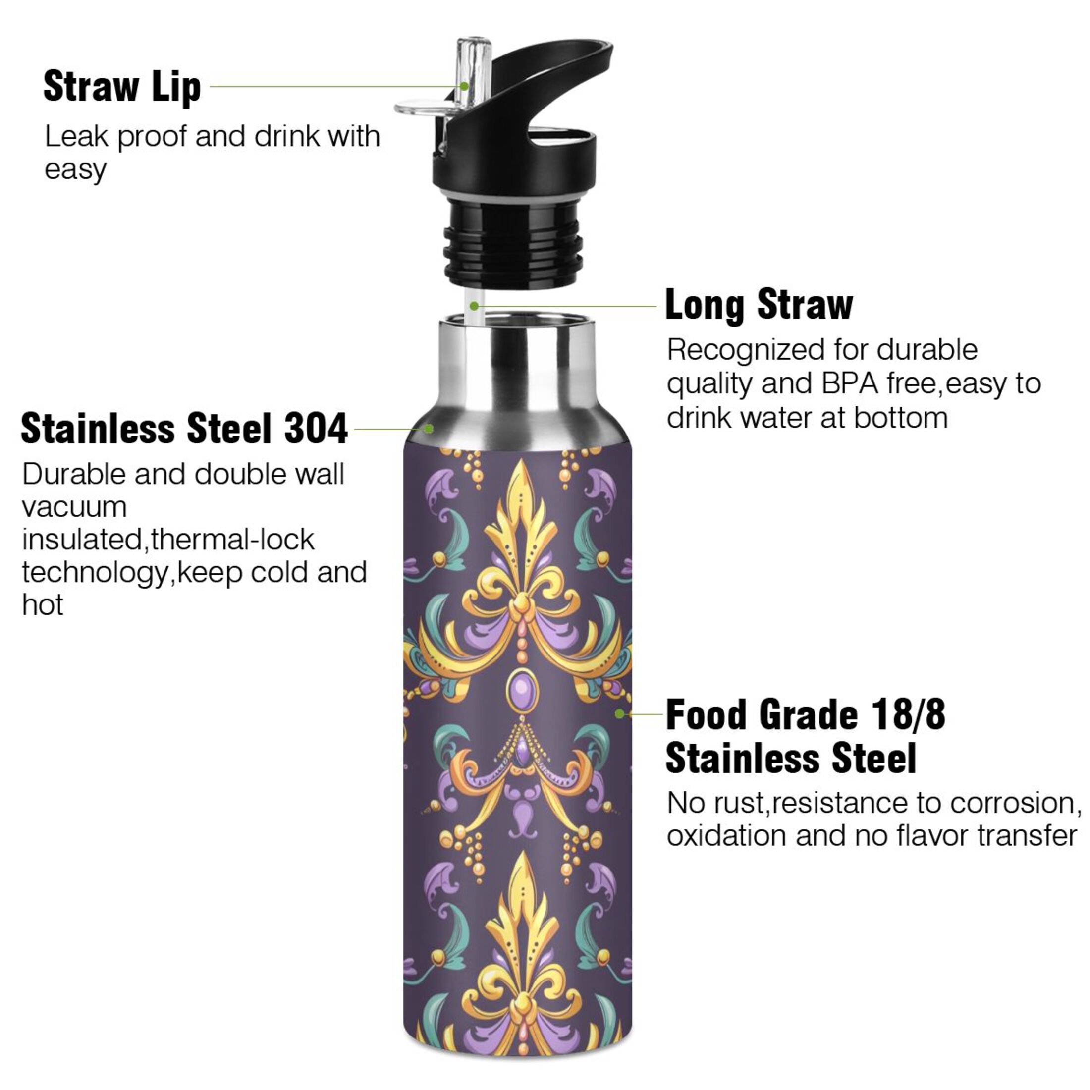 Mandala Style Water Bottles Insulated Thermos Kids Stainless Steel Bottle with Straw Lid Flask Leakproof for Sports Gym 20 oz