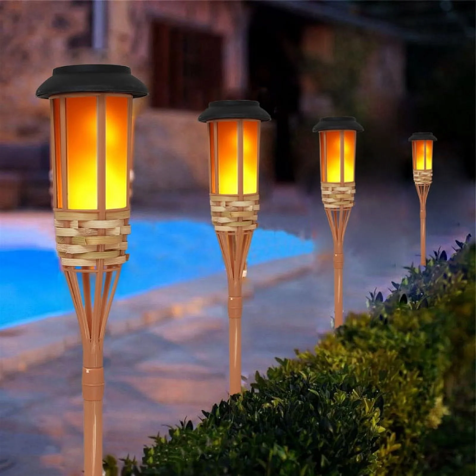 Kajiali Solar 5-LED Flickering Amber Bamboo Tiki Torch Landscape Light