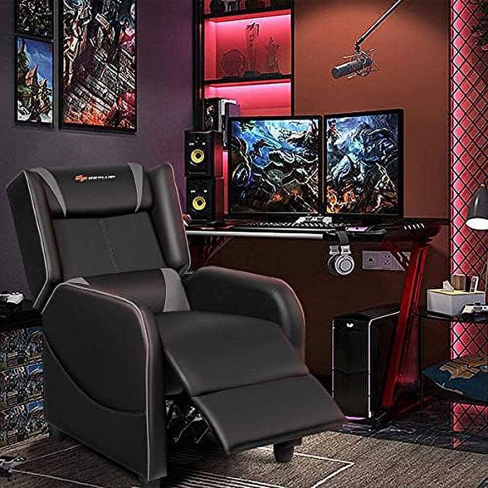 Massage Recliner Chair  Racing Style Gaming Chair w/Massage Lumbar Cushion  Footrest & Headrest  Ergonomic PU Leather Single Recliner Sofa for Living Room  Office (Gray)