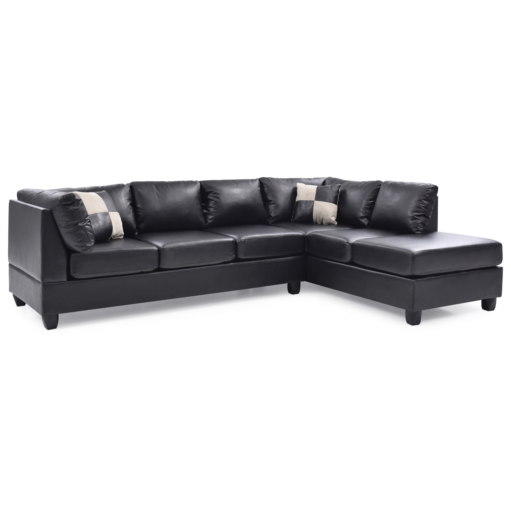 Passion Furniture  111 in. Malone Faux Leather 4-Seater Sectional Sofa with 2-Throw Pillow, Black