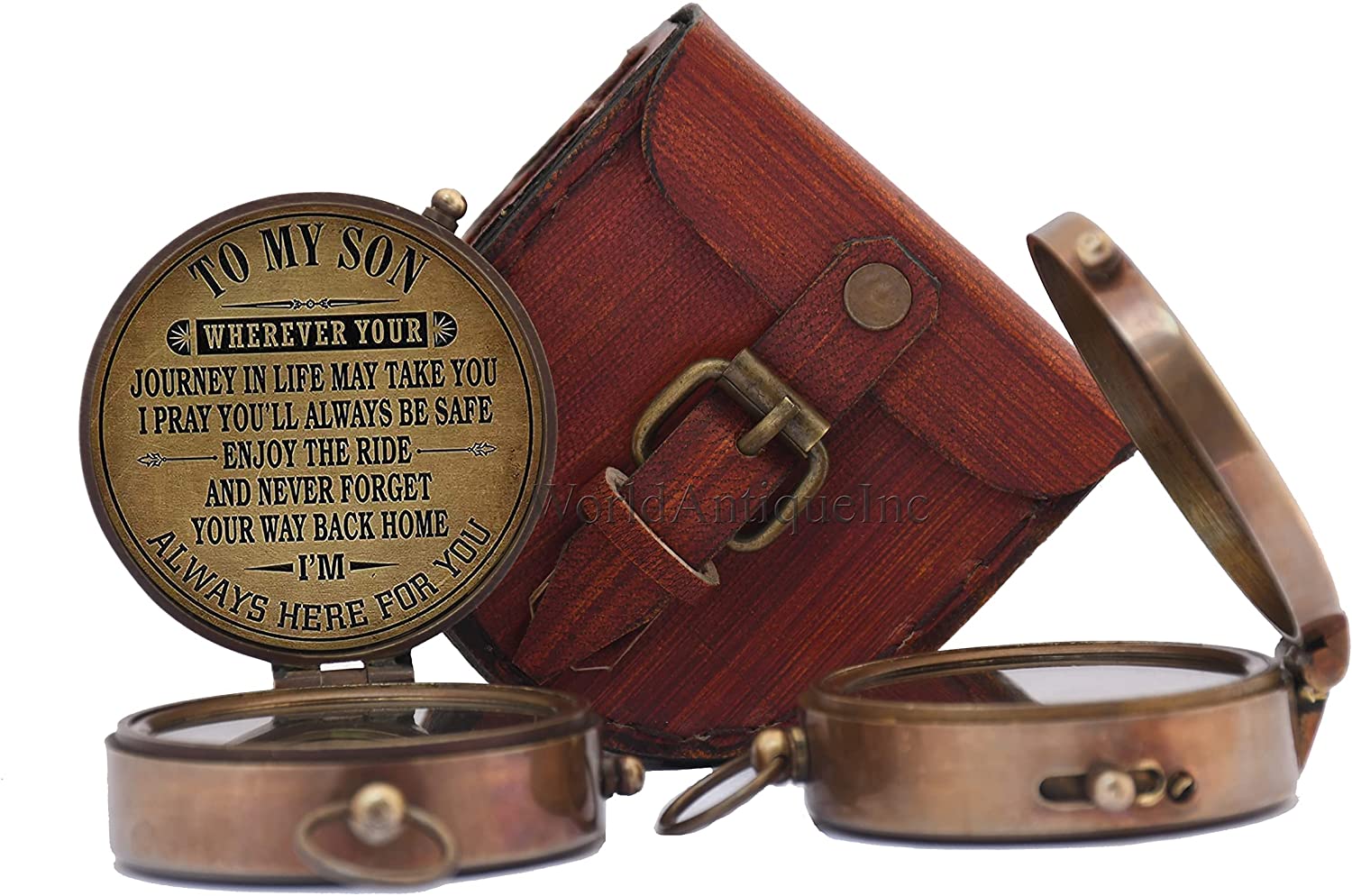 NauticalMart Antique Brass Compass Personalized Compass with Case, Gift for Son, to My Son Gifts, Mom to Son Gift