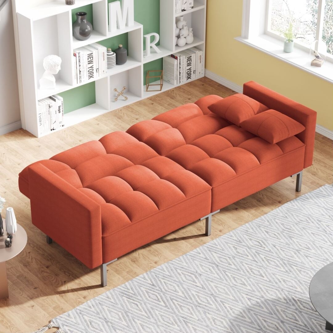 Linen Upholstered Modern Convertible Folding Futon Sofa Bed Orange