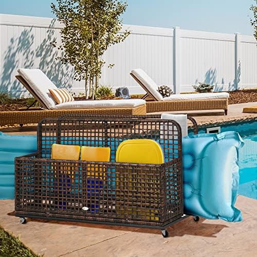 xrboomlife Patio Wicker Pool Float  with Wheels  Outdoor Rolling PE Rattan Pool Caddy  Includes Compartment and Basket  for Pool  Garden  Deck  Light Gray
