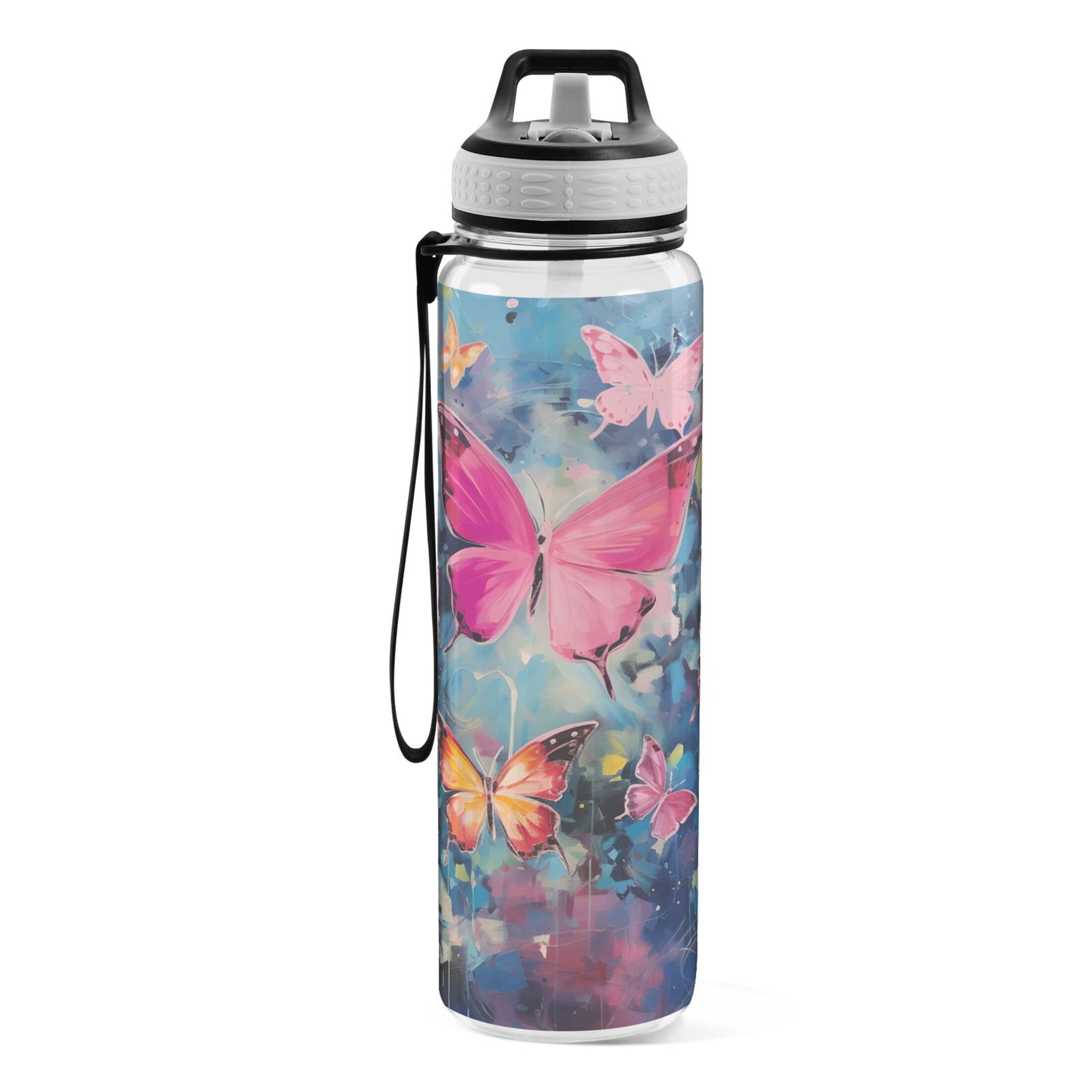 Butterflies in Blue 32oz Water Bottles with Straw Tritan Leakproof Sports Bottle BPA Free Clear for Fitness Gym Swimming Cycling