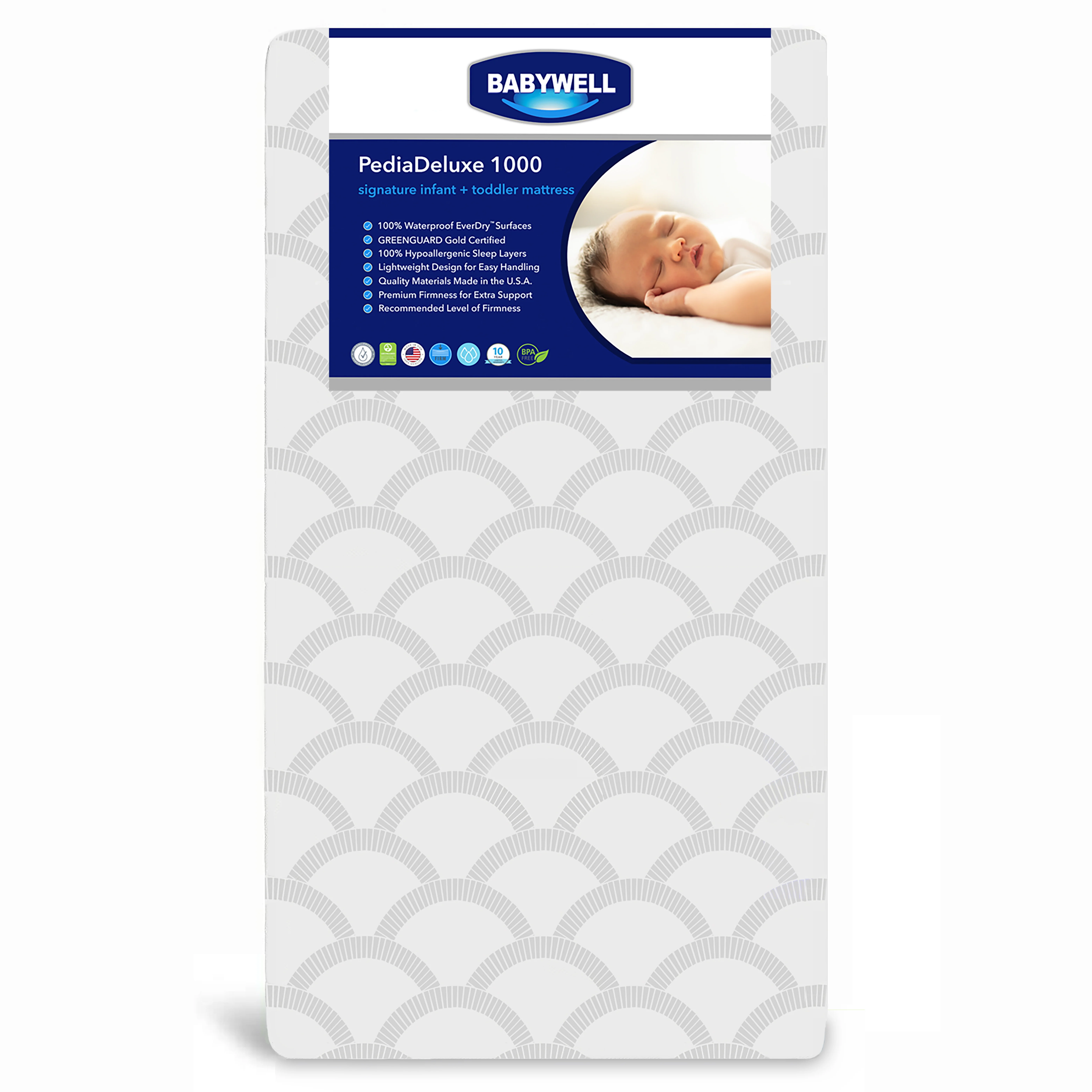 Babywell PediaDeluxe 1000 Baby Crib and Toddler Mattress, Waterproof, Extra Firm, GREENGUARD Gold, Sustainably Sourced Fiber Core, White/Grey