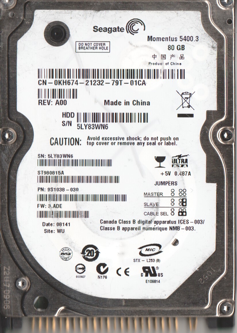 ST980815A, 5LY, WU, PN 9S1038-030, FW 3.ADE, Seagate 80GB IDE 2.5 Hard Drive
