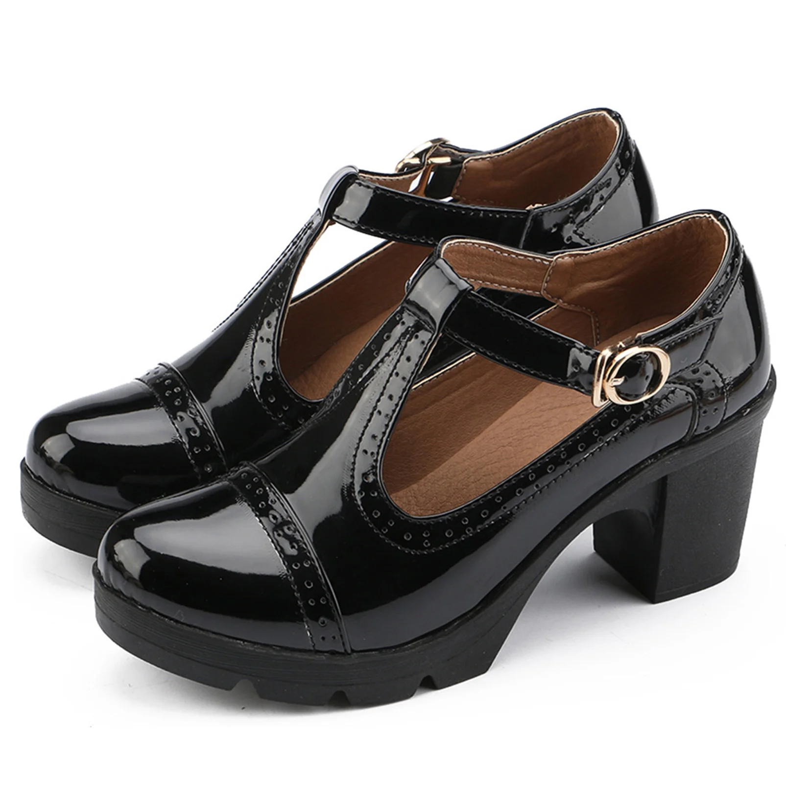 DADAWEN Women's Mary Jane Pumps Block Heel Platform Oxfords Leather Shoes - Comfortable Fashion T-Strap Patent Leather Black Size 8.5 US
