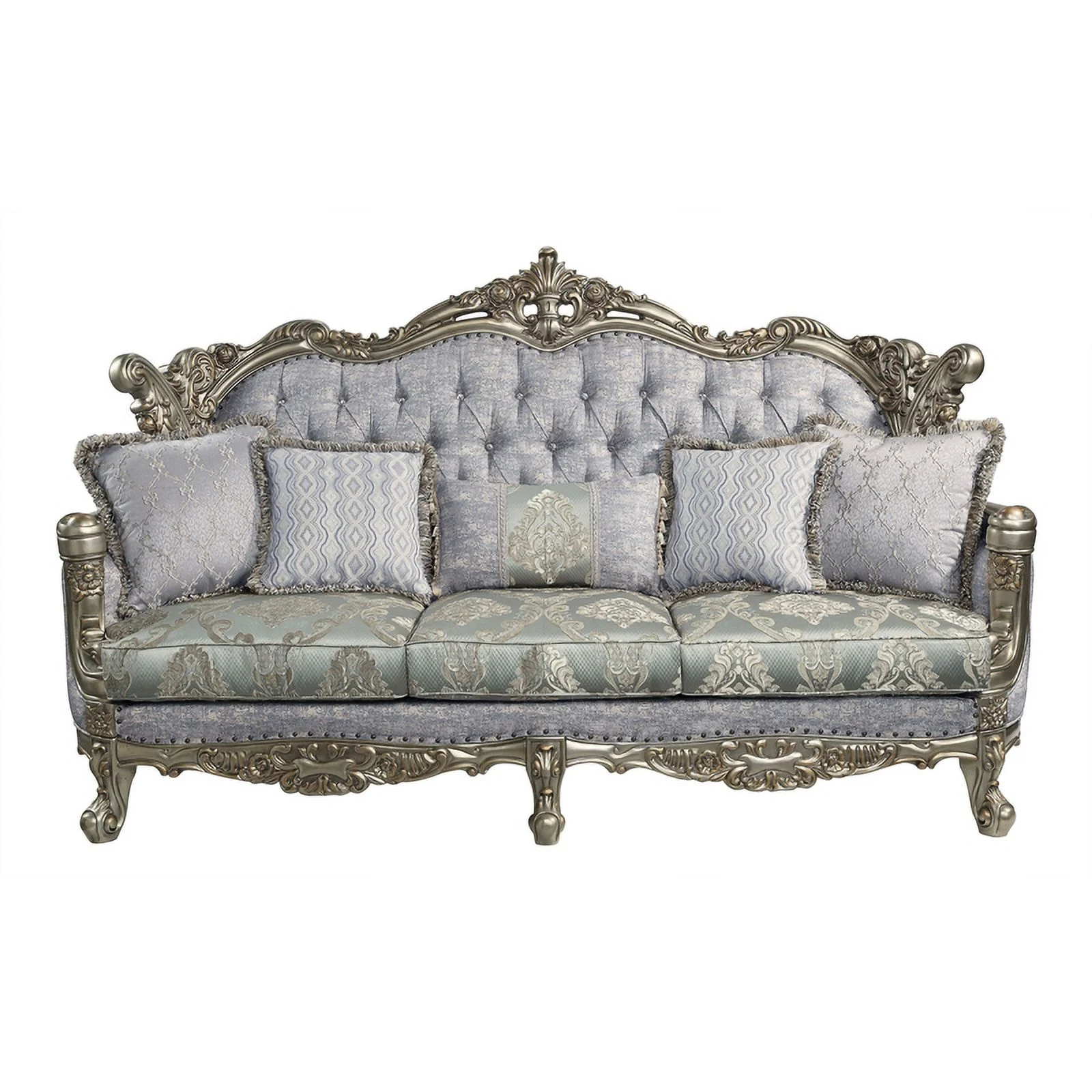 Pemberly Row Tufted Fabric & Wood Sofa with 5 Pillows in Gray/Bronze