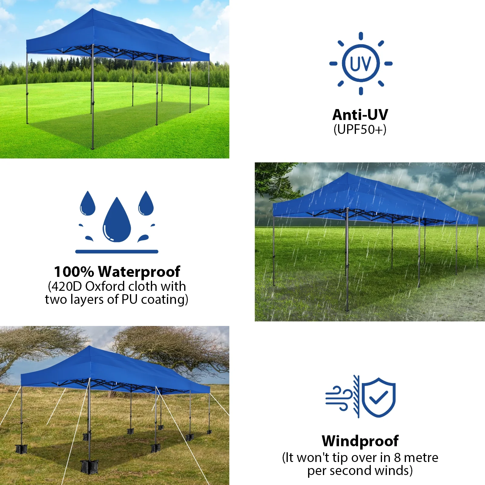 SANOPY 10x30 ft Pop up Outdoor Canopy Tent, Heavy Duty Canopy with 8 Wind Ropes, 3 Heigh Adjustable Gazebo Shelter with Wheeled Bag for Party, Wedding, Market
