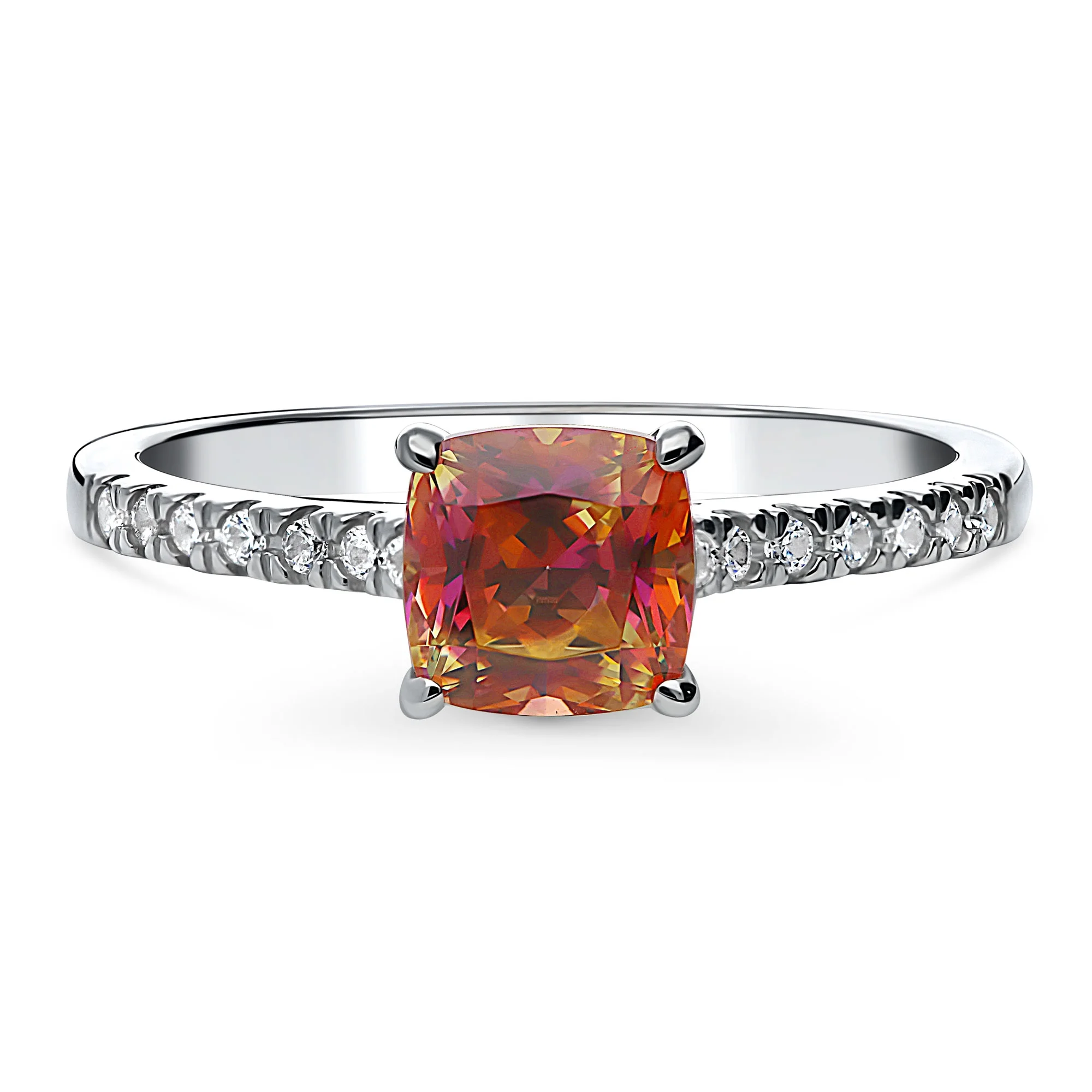 BERRICLE Sterling Silver Solitaire Red Orange Cushion Cut Cubic Zirconia CZ Kaleidoscope Promise Ring for Women, Rhodium Plated 1.25 Carat Size 4