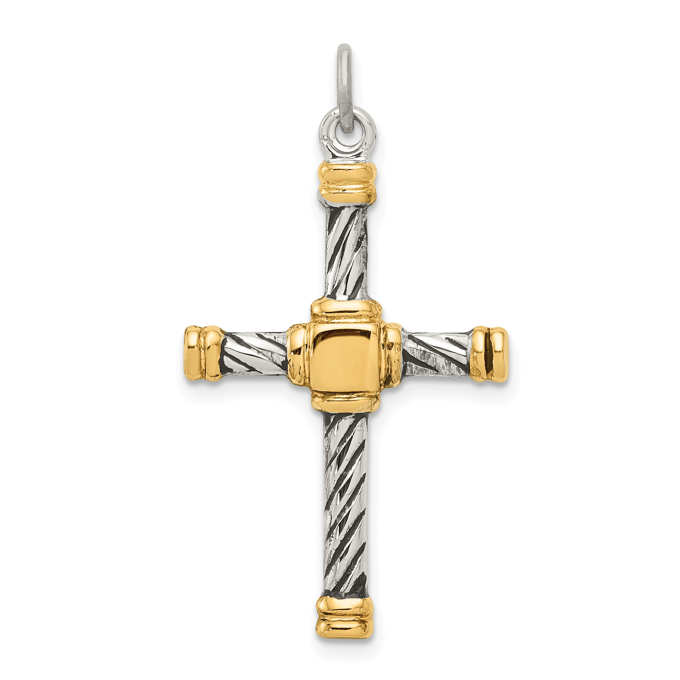 Carat in Karats Sterling Silver Polished Finish Gold Plated Antiqued 18K - Cross Charm Pendant (31mm x 19mm) With Sterling Silver Cable Chain Necklace 20''