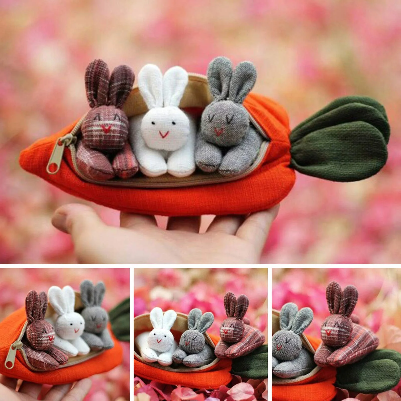 JeashCHAT Easter Hide-and-Seek Bunnies in Carrot Pouch,3 Bunnies in a Carrot Purse,Carrot Plush Toy,Plush Stuffed Animal Surprise Zip Easter Rabbit Doll Toys