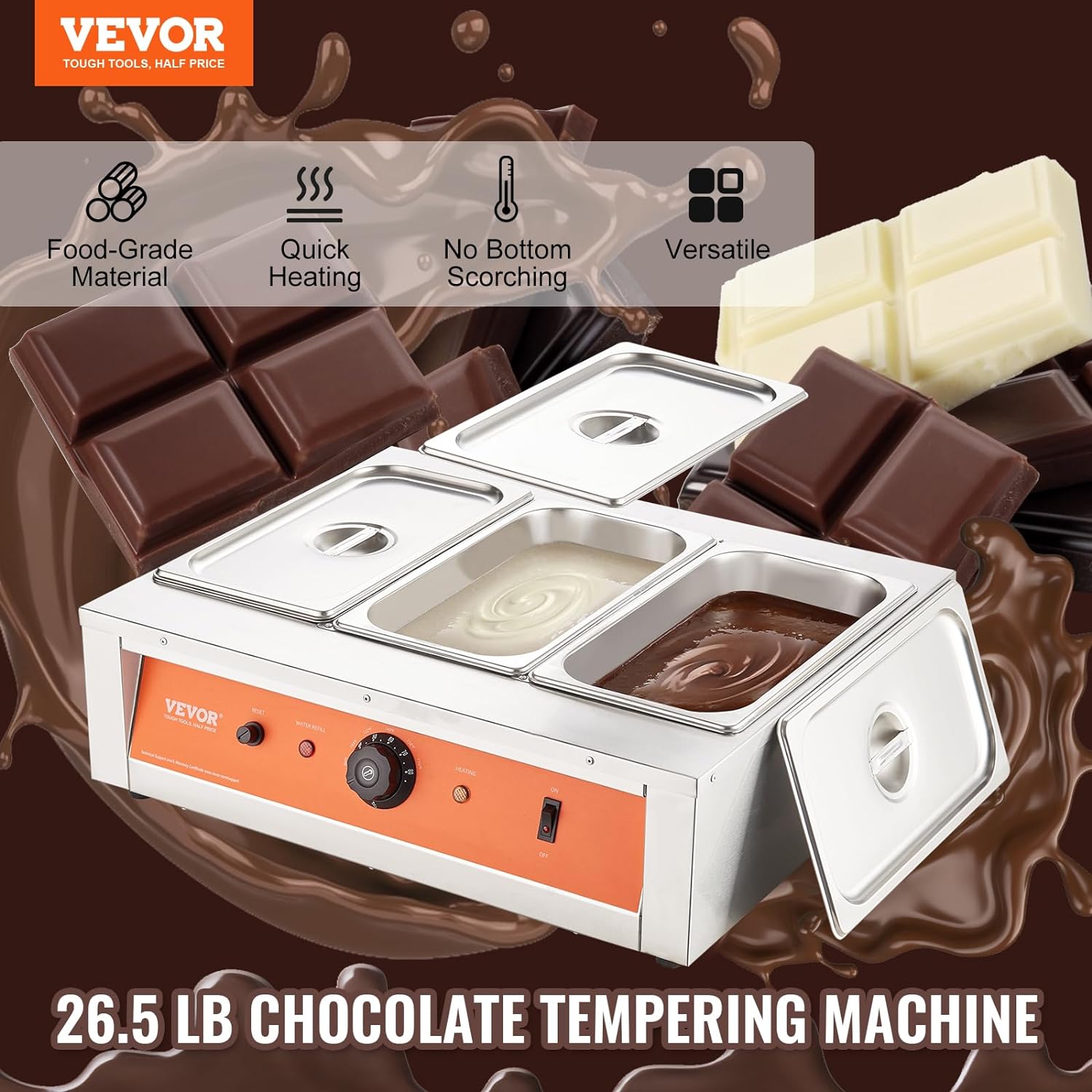 Chocolate Tempering Machine, 26.5 Lbs 3 Tanks Chocolate Melting Pot TEMP Control 86~185℉, 1500W Stainless Steel Electric Commercial Food Warmer For Chocolate/Milk/Cream Melting and Heating