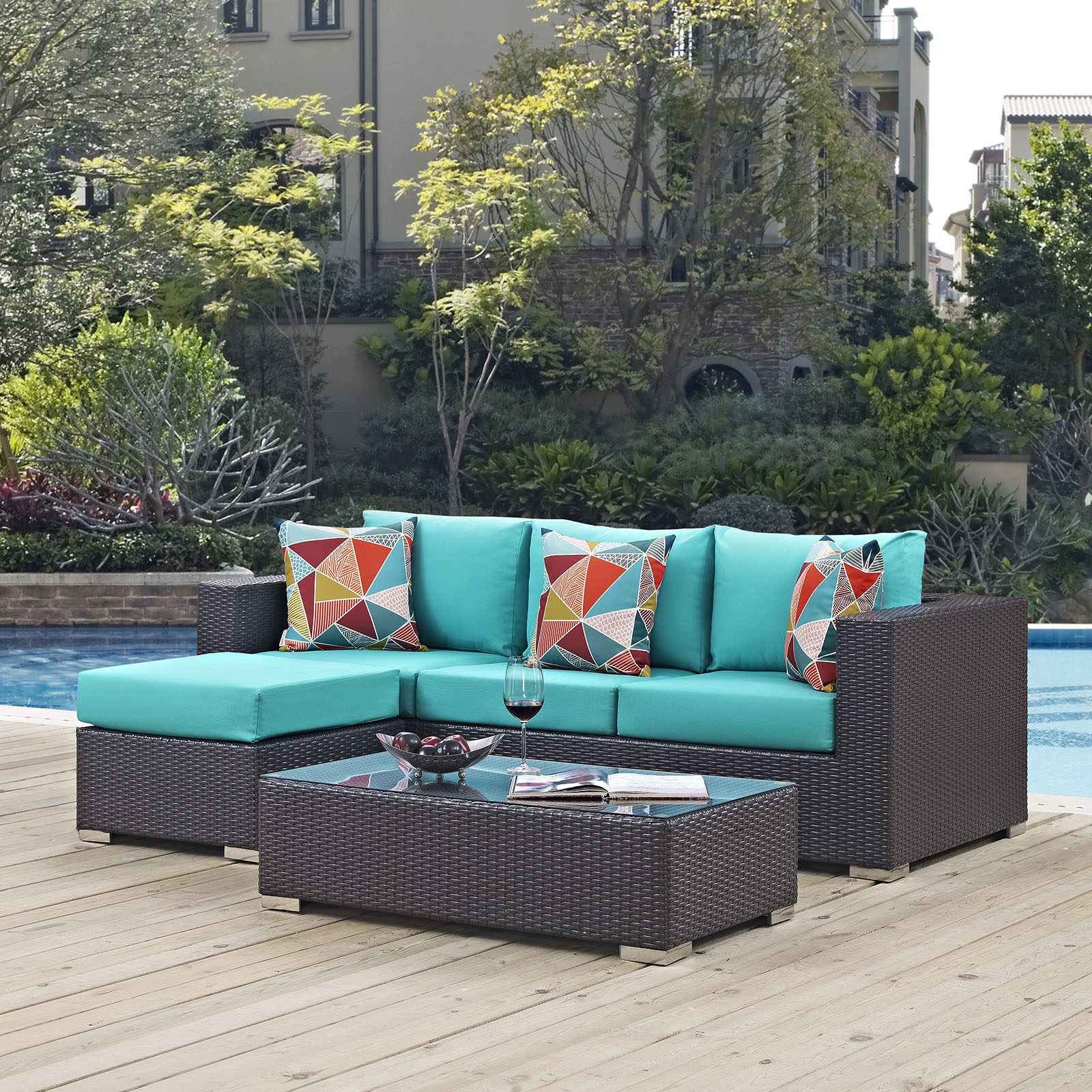 Lounge Sectional Sofa and Table Set, Rattan, Wicker, Dark Brown Blue, Modern Contemporary Urban Design, Outdoor Patio Balcony Cafe Bistro Garden Furniture Hotel Hospitality