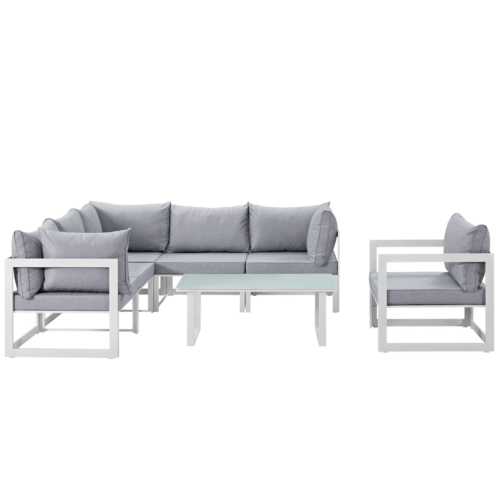Modern Urban Contemporary 7 pcs Outdoor Patio Sectional Sofa Set, White Grey Fabric Steel