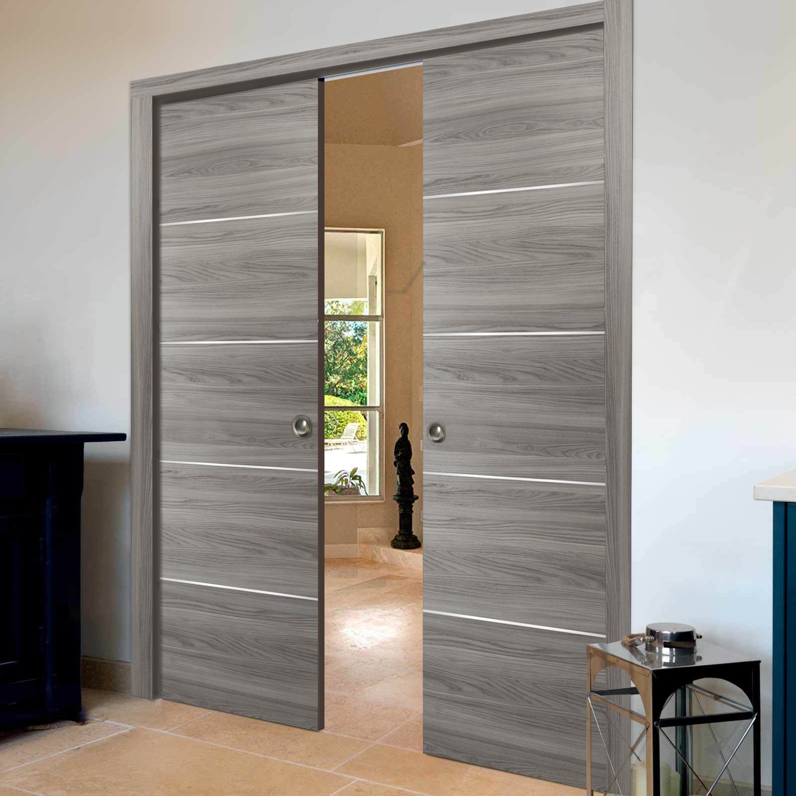 Double Pocket Sliding Grey Doors 48 x 80 with Strips