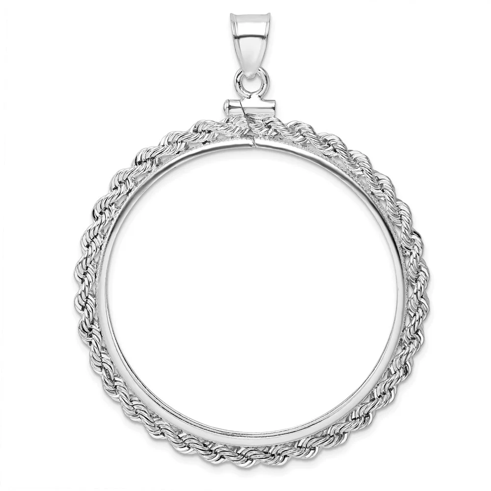 Sterling Silver 39.4 X 3.1mm 1 Oz. Silver Town Rope Coin Bezel Pendant (39.4mm X 3.1mm) With Sterling Silver Rope Chain Necklace 18