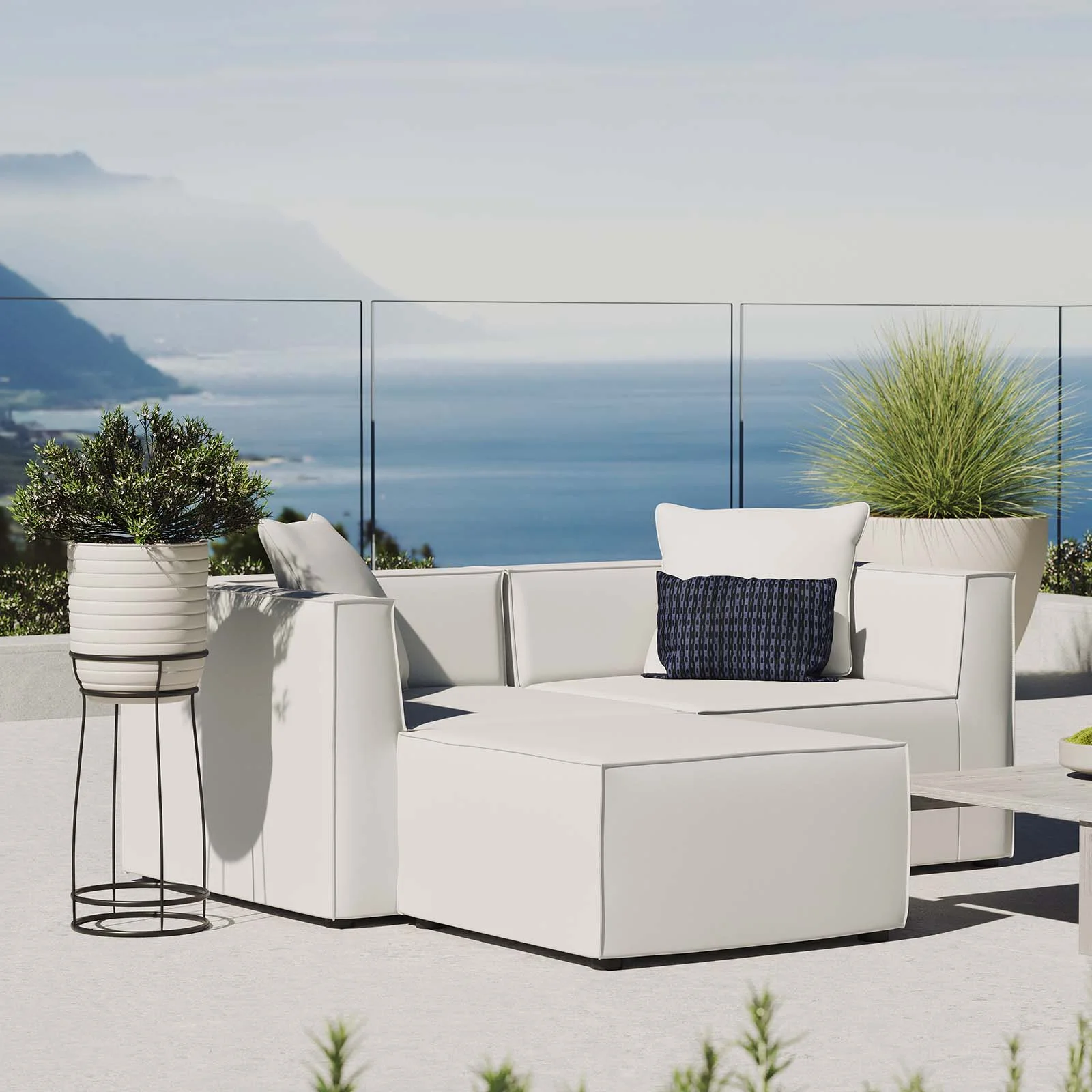 Lounge Loveseat Chaise Sofa, Fabric, White, Modern Contemporary Urban Design, Outdoor Patio Balcony Cafe Bistro Garden Furniture Hotel Hospitality