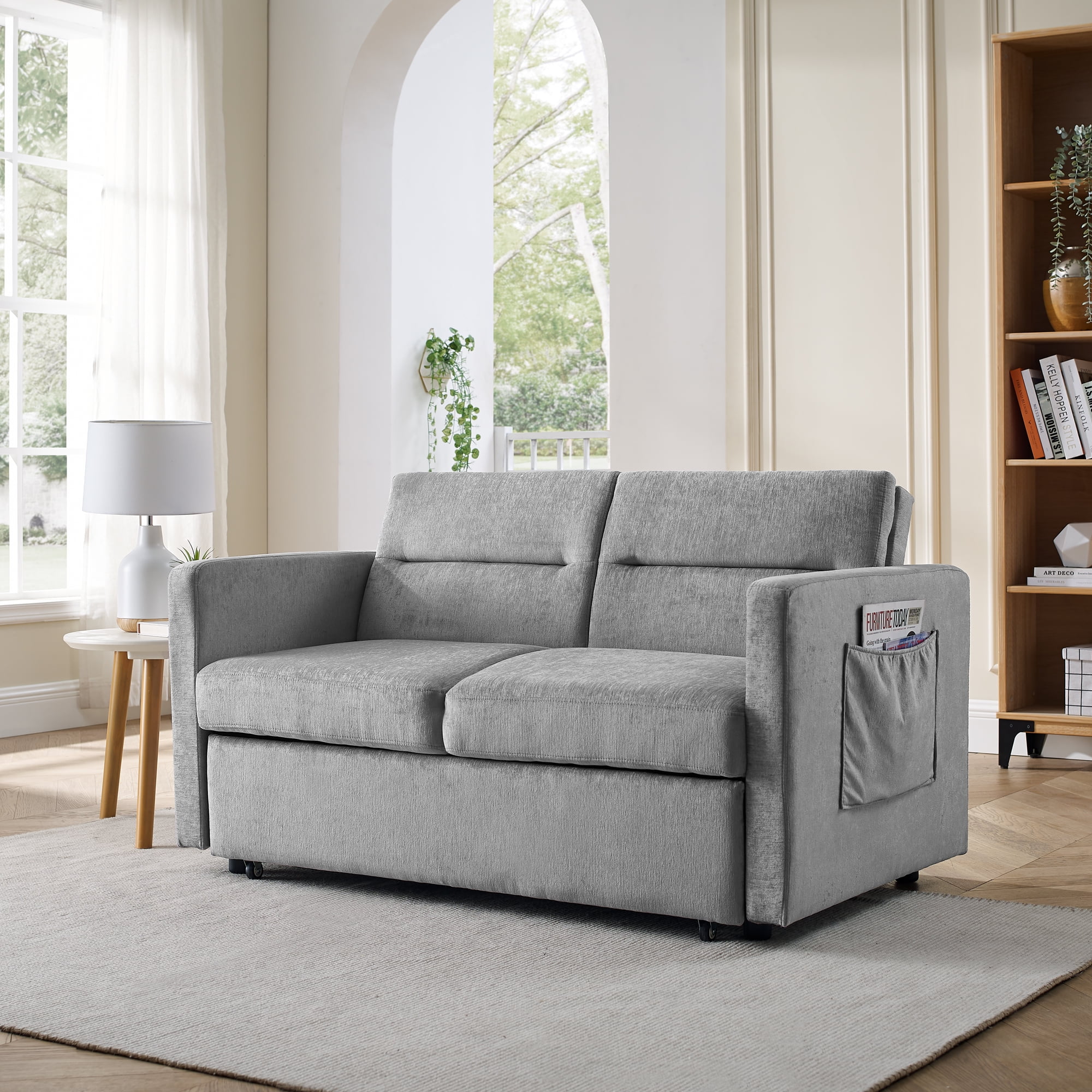 CoSoTower Loveseats Sofa Bed with Pull-Out Bed, Adjsutable Back and Two Arm Pocket, Grey
