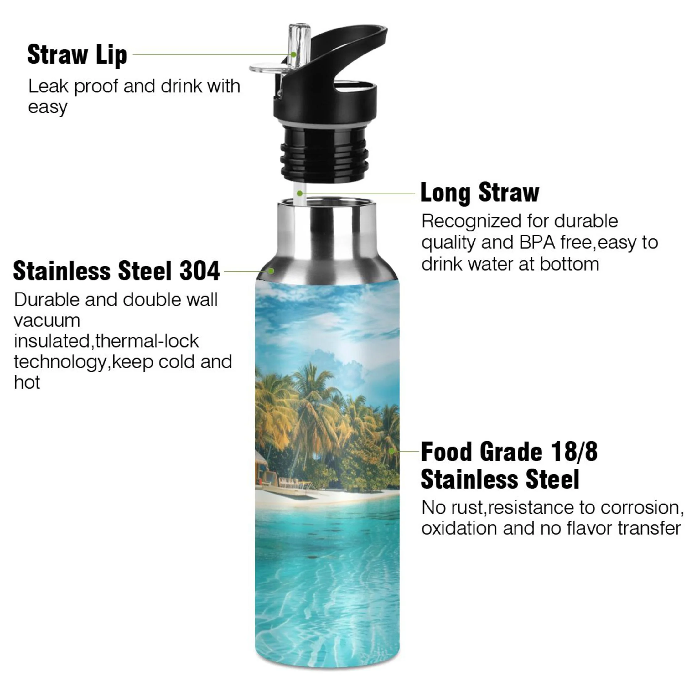 Summer Beach with Sky Water Bottles Insulated Thermos Kids Stainless Steel Bottle with Straw Lid Flask Leakproof for Sports Gym 20 oz