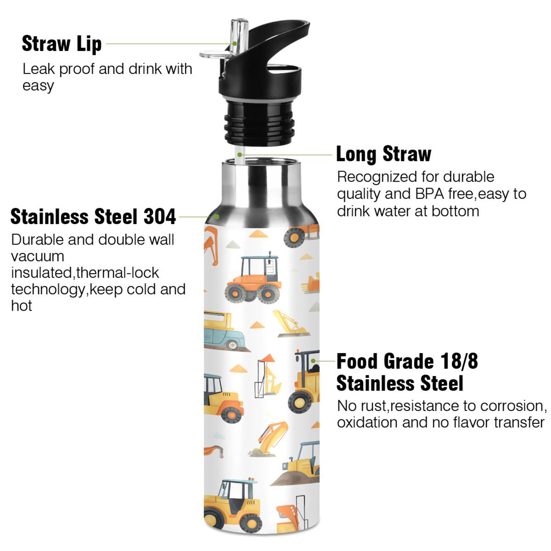 Water Bottle with Straw Lid Leak Cartoon Excavator Truck Stainless Steel Insulated Thermos Vacuum Flask for Cold Hot Drinking for Sports Camping Gym Yoga