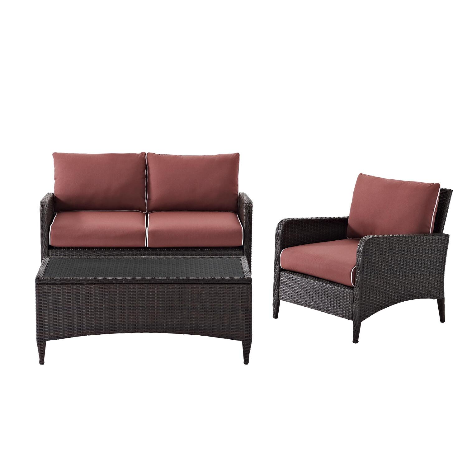 HomeStock Timeless Tradition 3Pc Outdoor Wicker Conversation Set Sangria/Brown - Loveseat, Arm Chair & Coffee Table