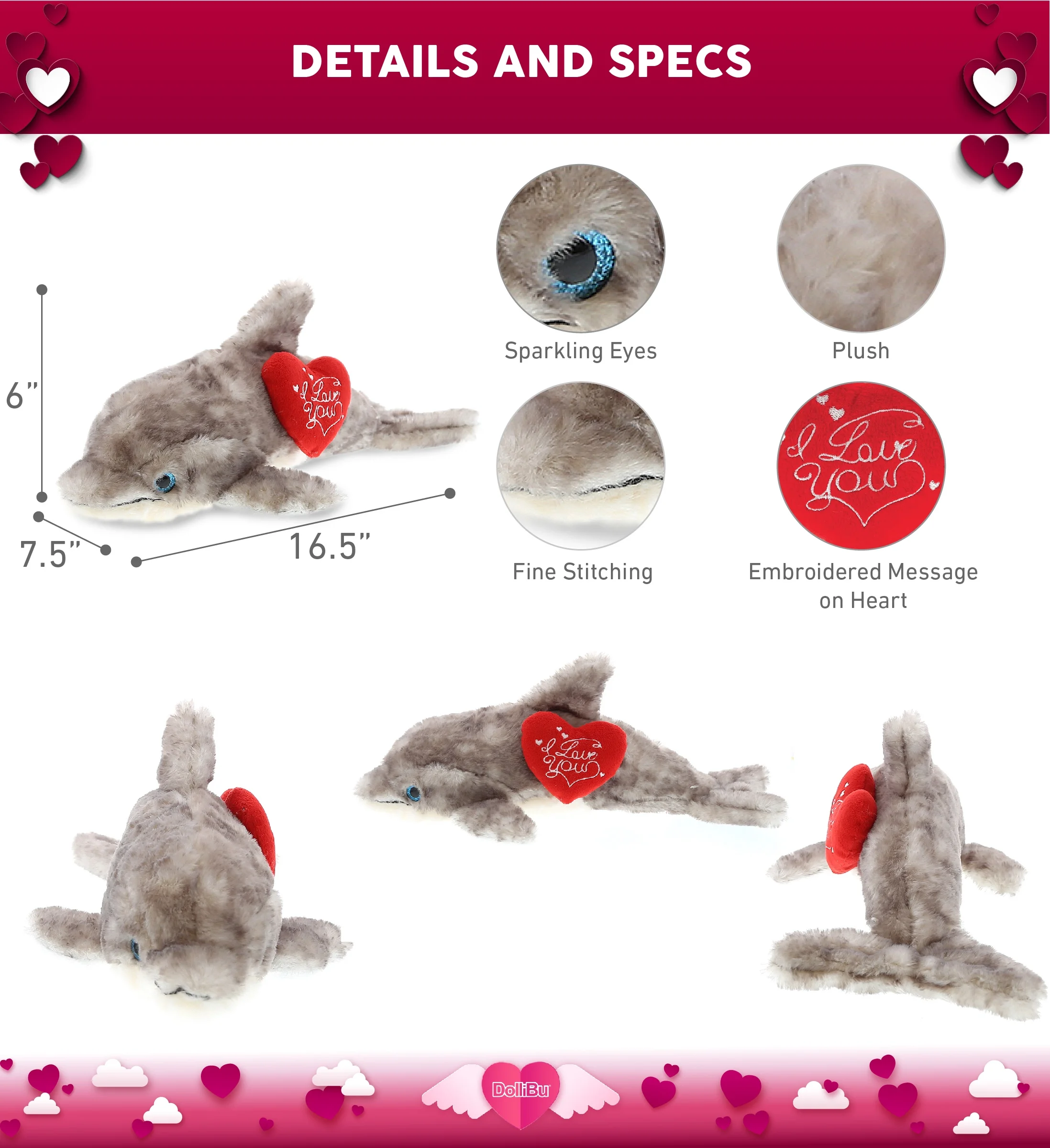 Dollibu Large Gray Dolphin I Love You Heart Message Stuffed Animal 16.5 Inch, For Boyfriend Or Girlfriend, Cute Teddy Bear With Heart Plush Toy For Friend, Romantic Anniversary Or Valentine'S Day Gift
