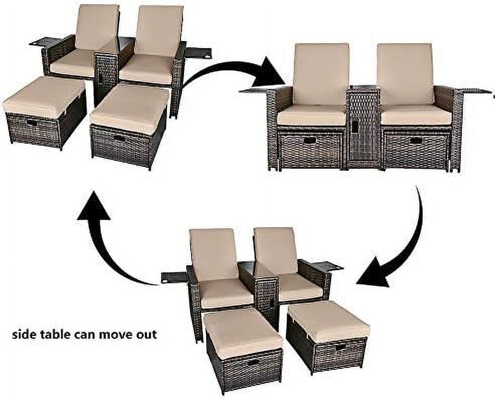 xrboomlife Patio Wicker Loveseat - Outdoor Rattan Sofa Set with Cushion - Adjustable Lounge Chair with Ottoman Footrest  Wicker  for Garden  Patio  Balcony  Beach  Coffee   Deck