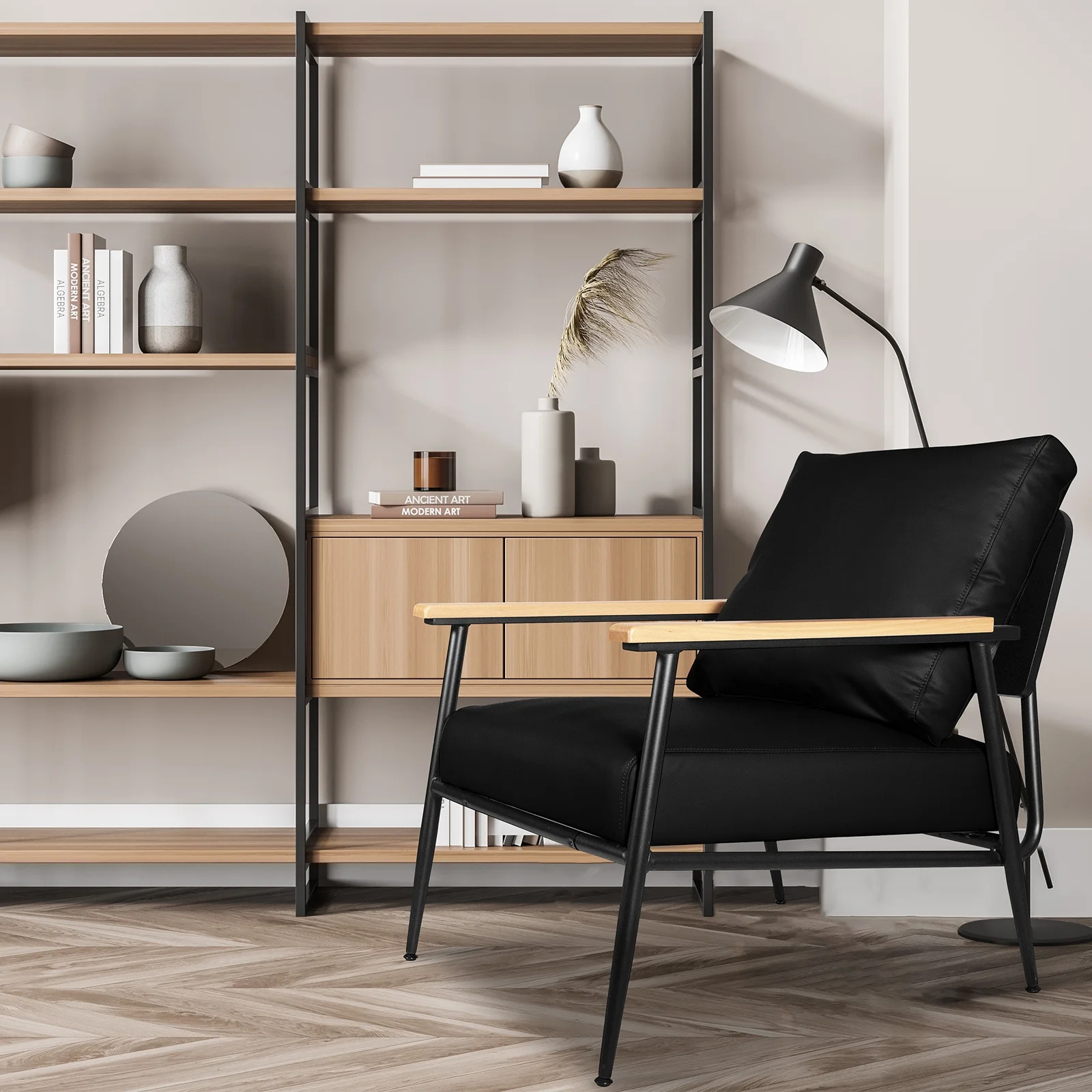 SeekFancy PU Leather Accent Chair Adult, Wide Armchair Industrial Metal Frame Sofa Chair for Living Room Bedroom, Black