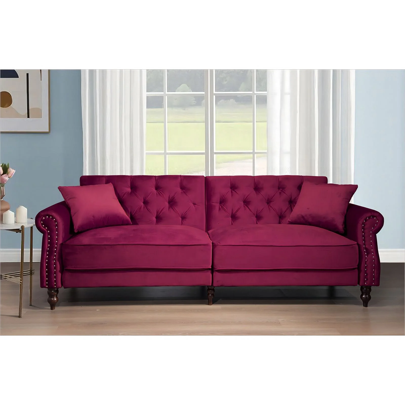 87.8'' Convertible Wine Red Velvet Sofa Bed Sleeper