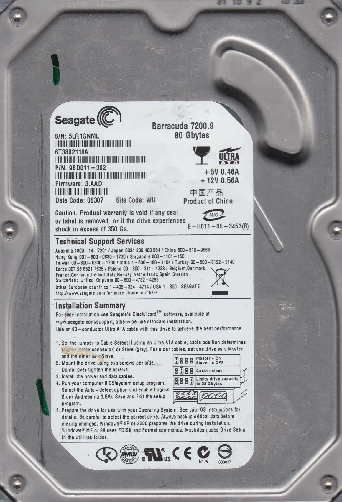 ST3802110A, 5LR, WU, PN 9BD011-302, FW 3.AAD, Seagate 80GB IDE 3.5 Hard Drive