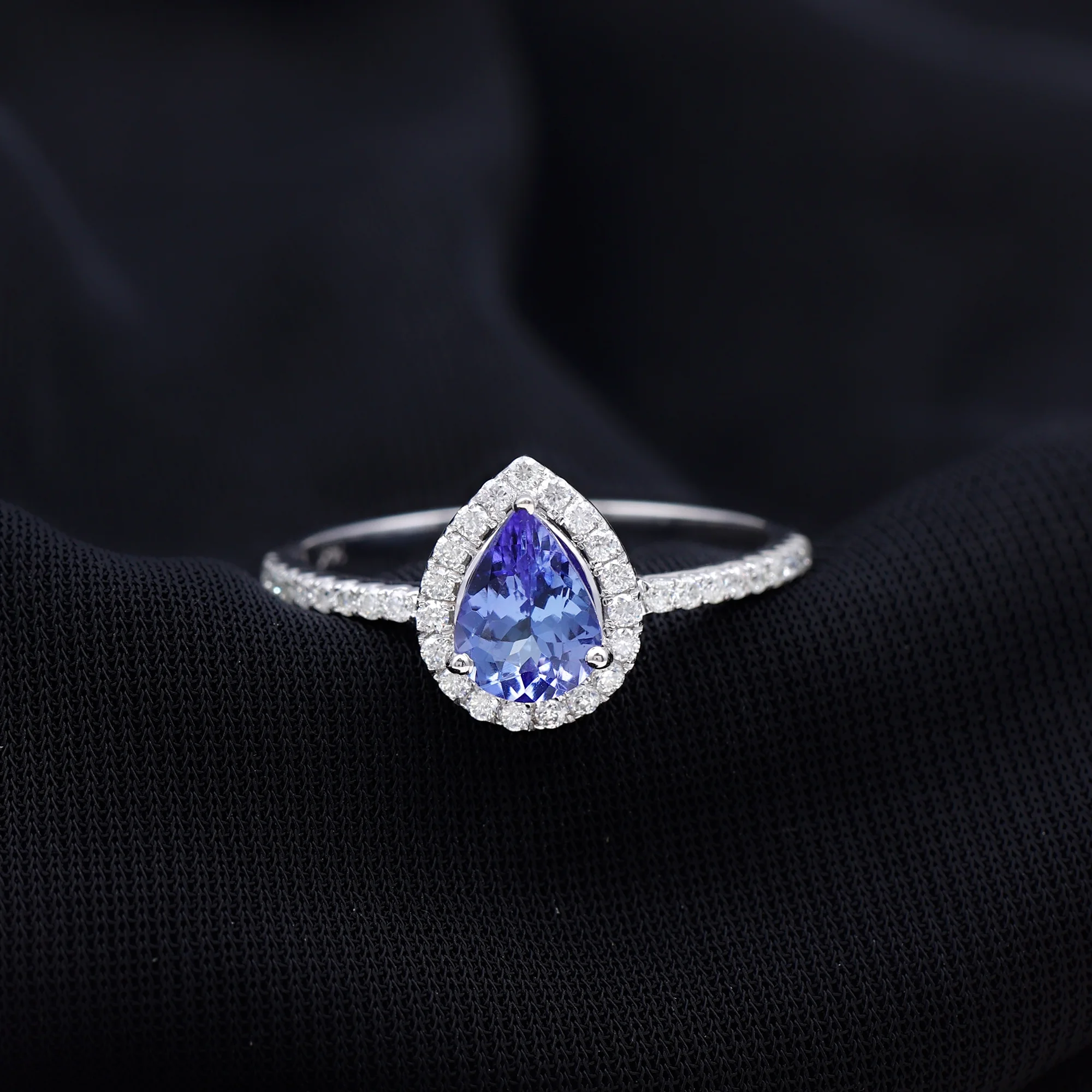 Pear Shape Tanzanite Teardrop Ring with Diamond Halo for Women - AAA Grade, 925 Sterling Silver, US 3.00