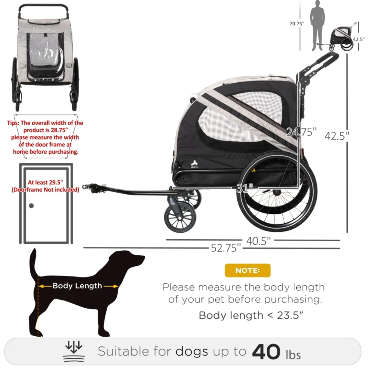 Aosom 2-In-1 Dog Bike Trailer Stroller w/ Universal Wheel Reflector Flag