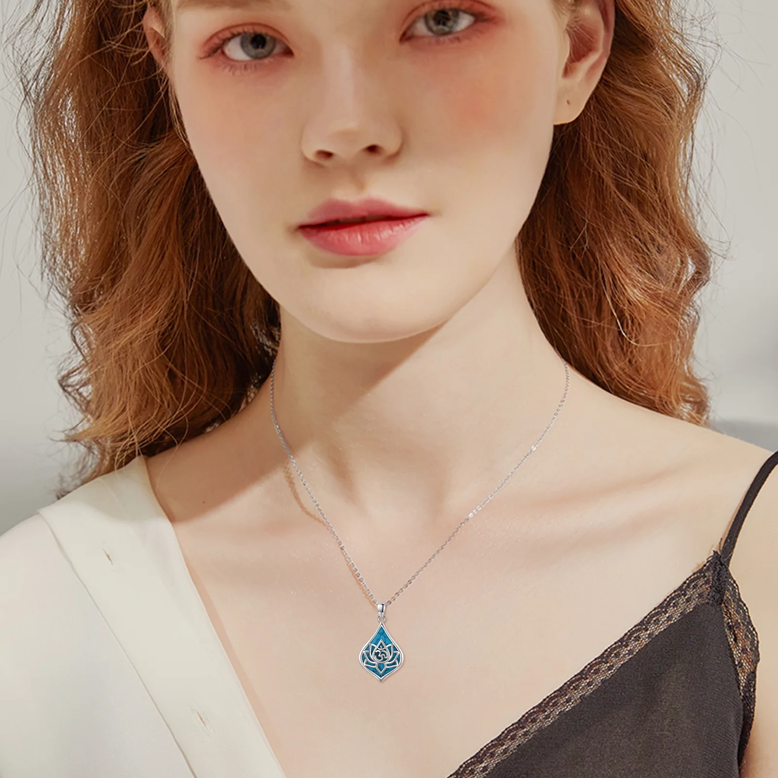 Cuoka Lotus Pendant Necklace 925 Sterling Silver Turquoise Necklaces for Women Girls Mom Wife Turquoise Jewelry 18K White Gold Plated Birthday Christmas Gifts