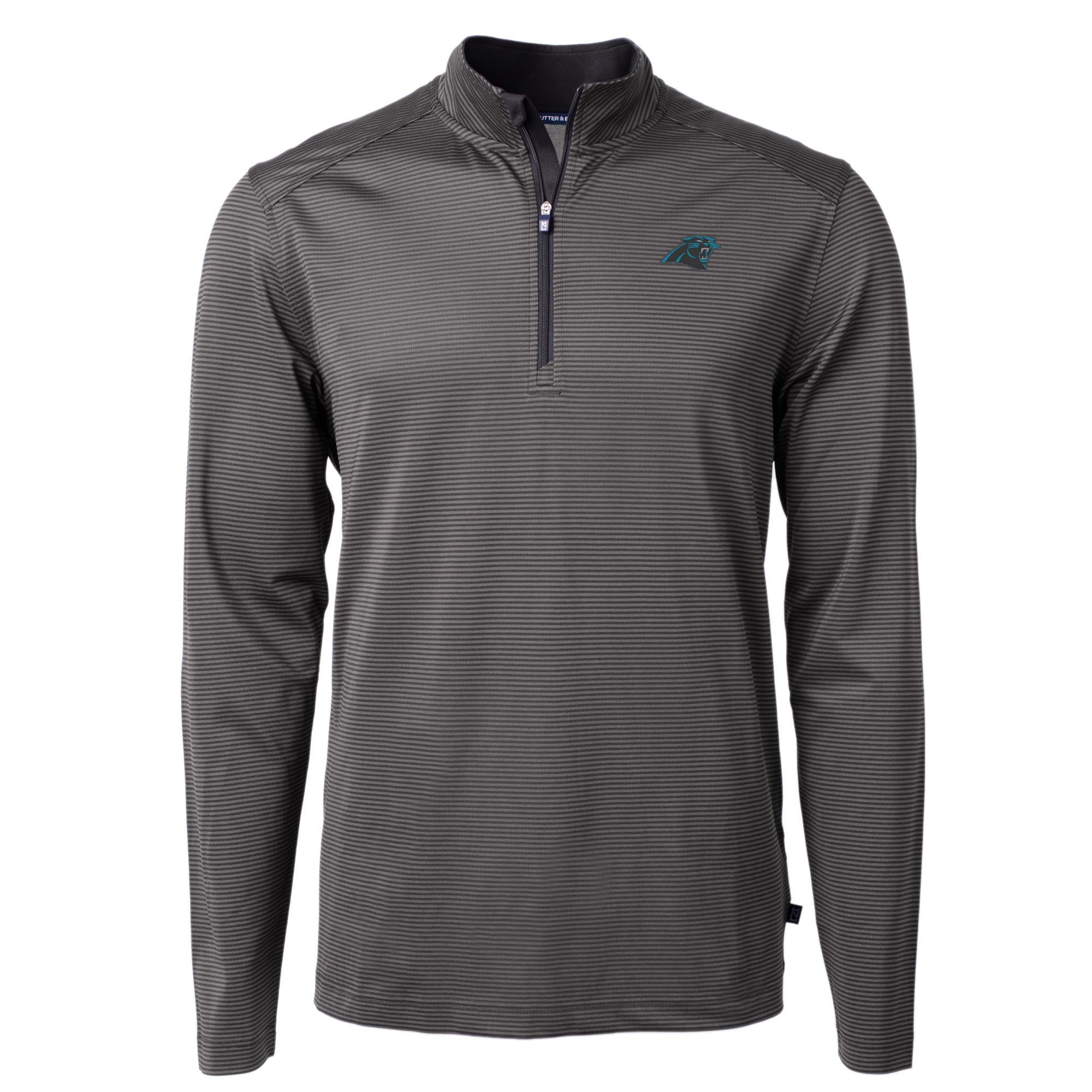 Men's Cutter & Buck Black/Gray Carolina Panthers Virtue Eco Pique Micro Stripe Recycled Quarter-Zip Pullover Top