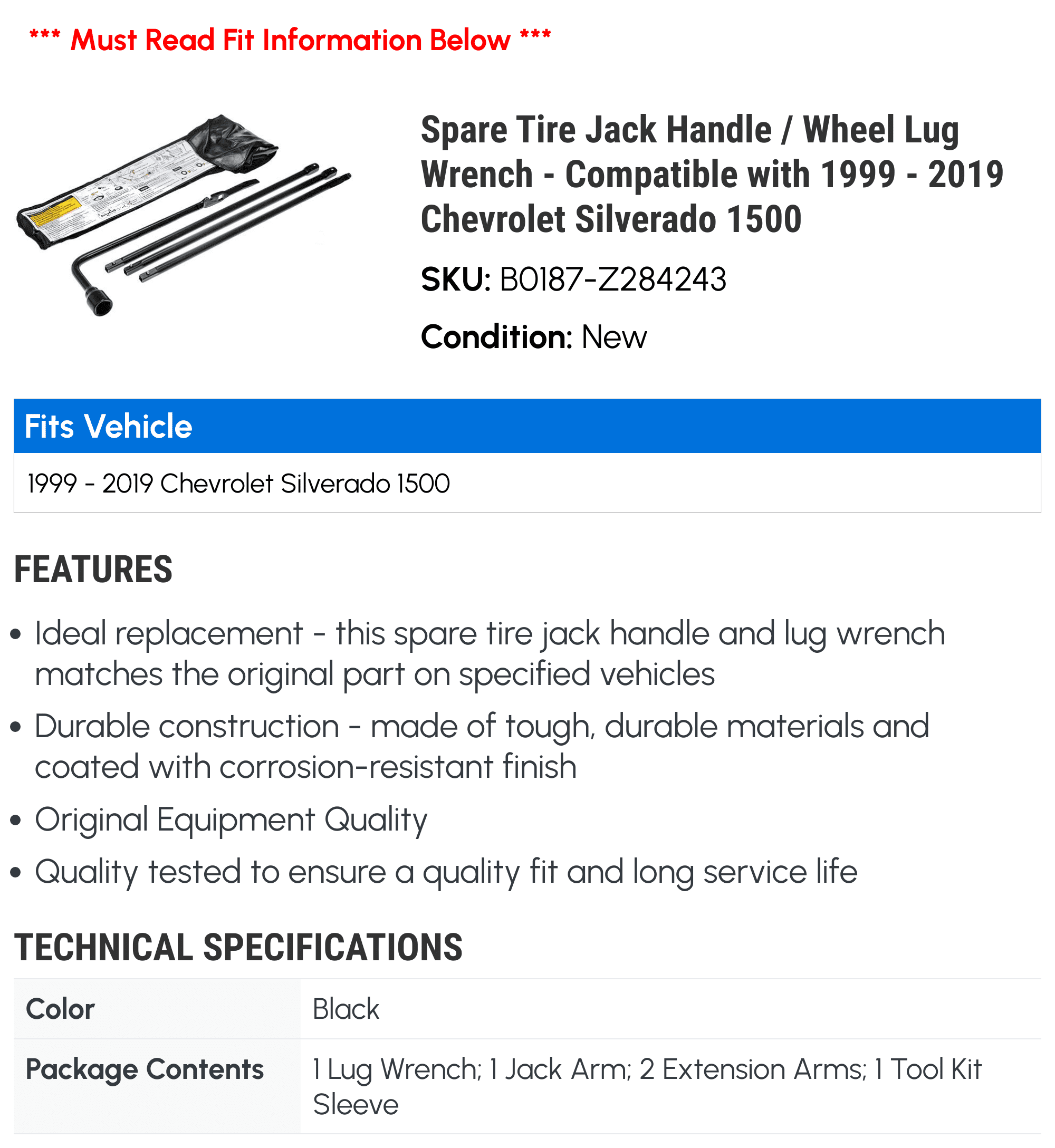 Spare Tire Jack Handle / Wheel Lug Wrench - Compatible with 1999 - 2019 Chevy Silverado 1500 2000 2001 2002 2003 2004 2005 2006 2007 2008 2009 2010 2011 2012 2013 2014 2015 2016 2017 2018