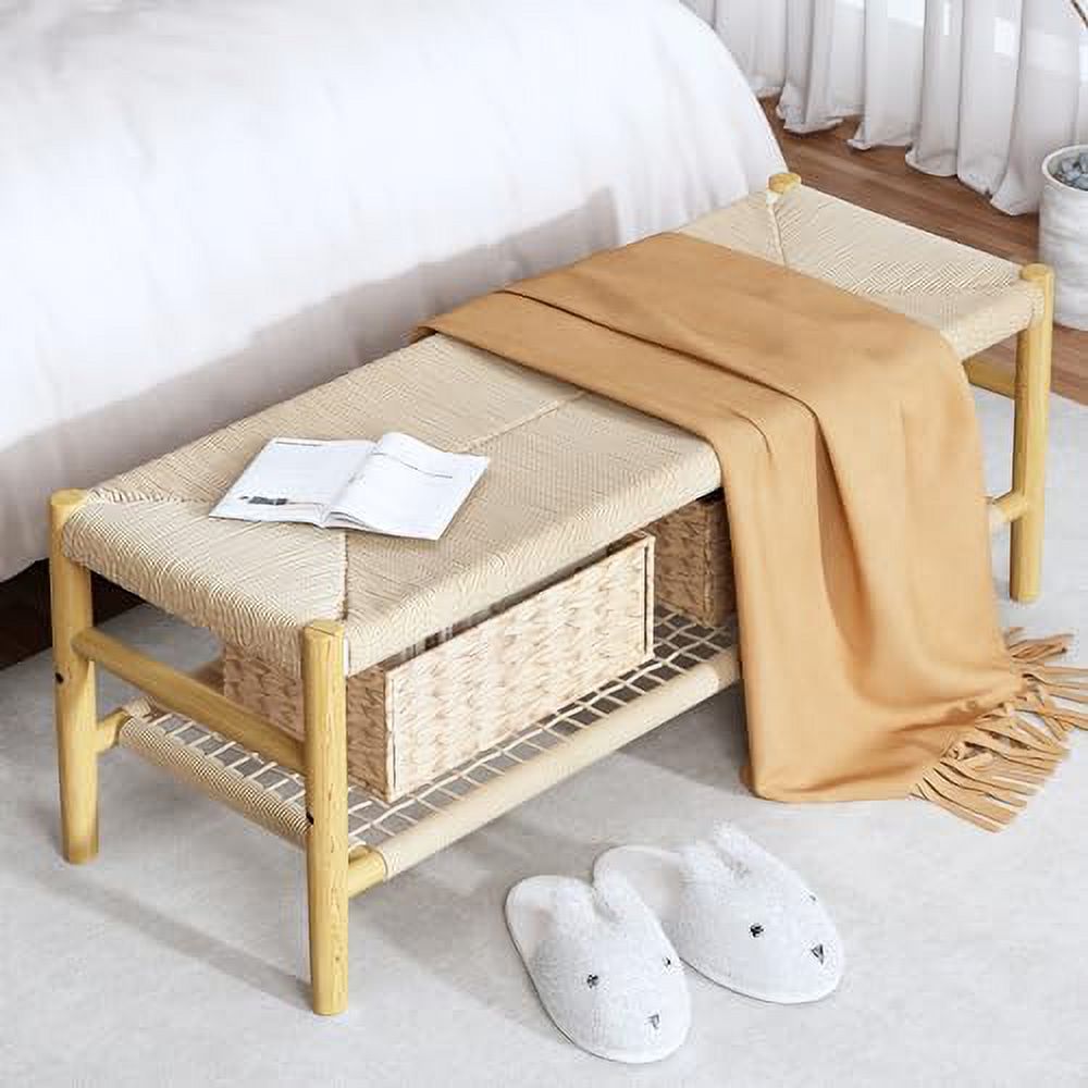 Indoor Entryway Bench with Paper Cord Ottoman  Mid-Century Long Bench with Rubber Wood Legs  French Vanity End Bed Bench for Bedroom Living Room Channel