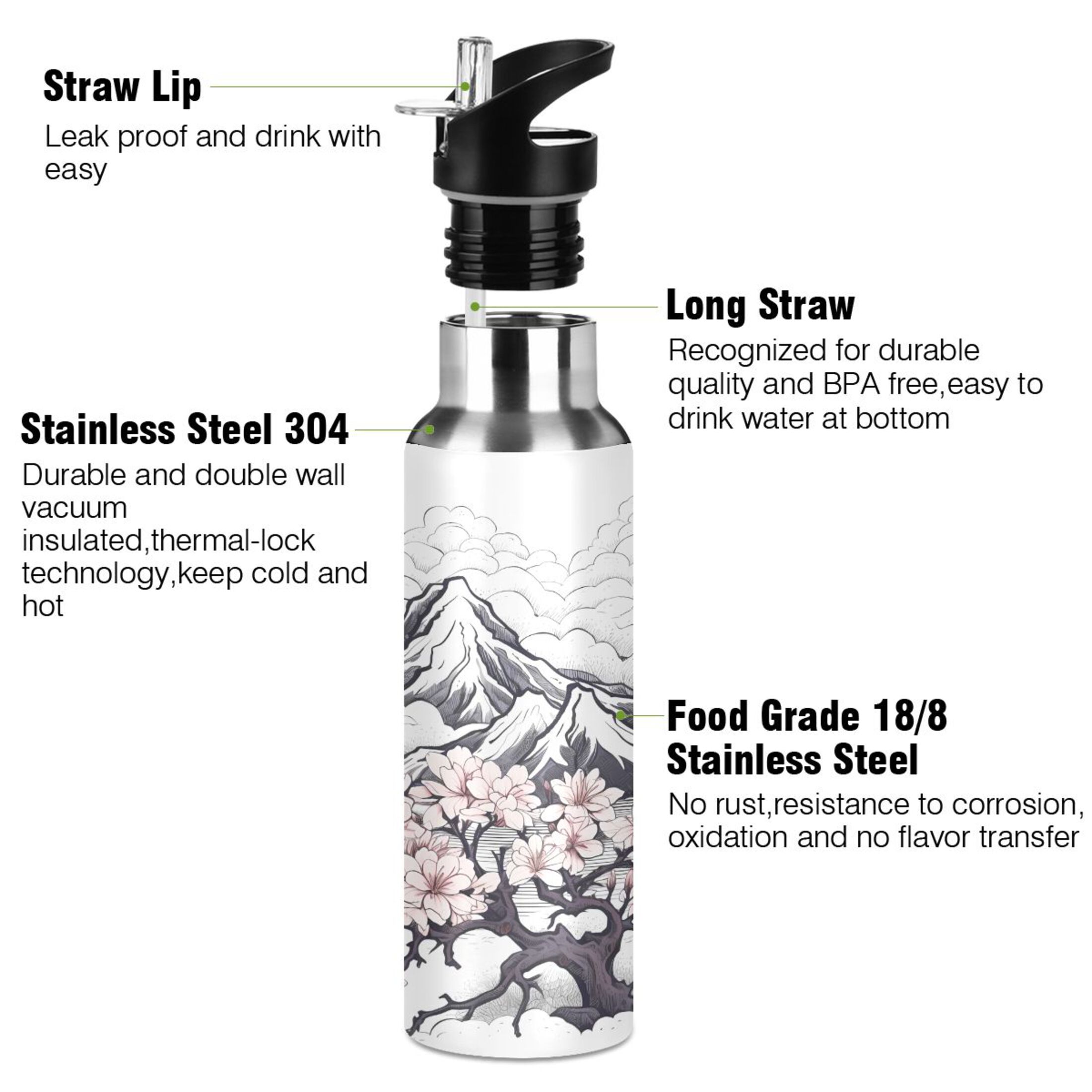 Water Bottle with Straw Lid Leak Cherry Flowers and Mountains Stainless Steel Insulated Thermos Vacuum Flask for Cold Hot Drinking for Sports Camping Gym Yoga
