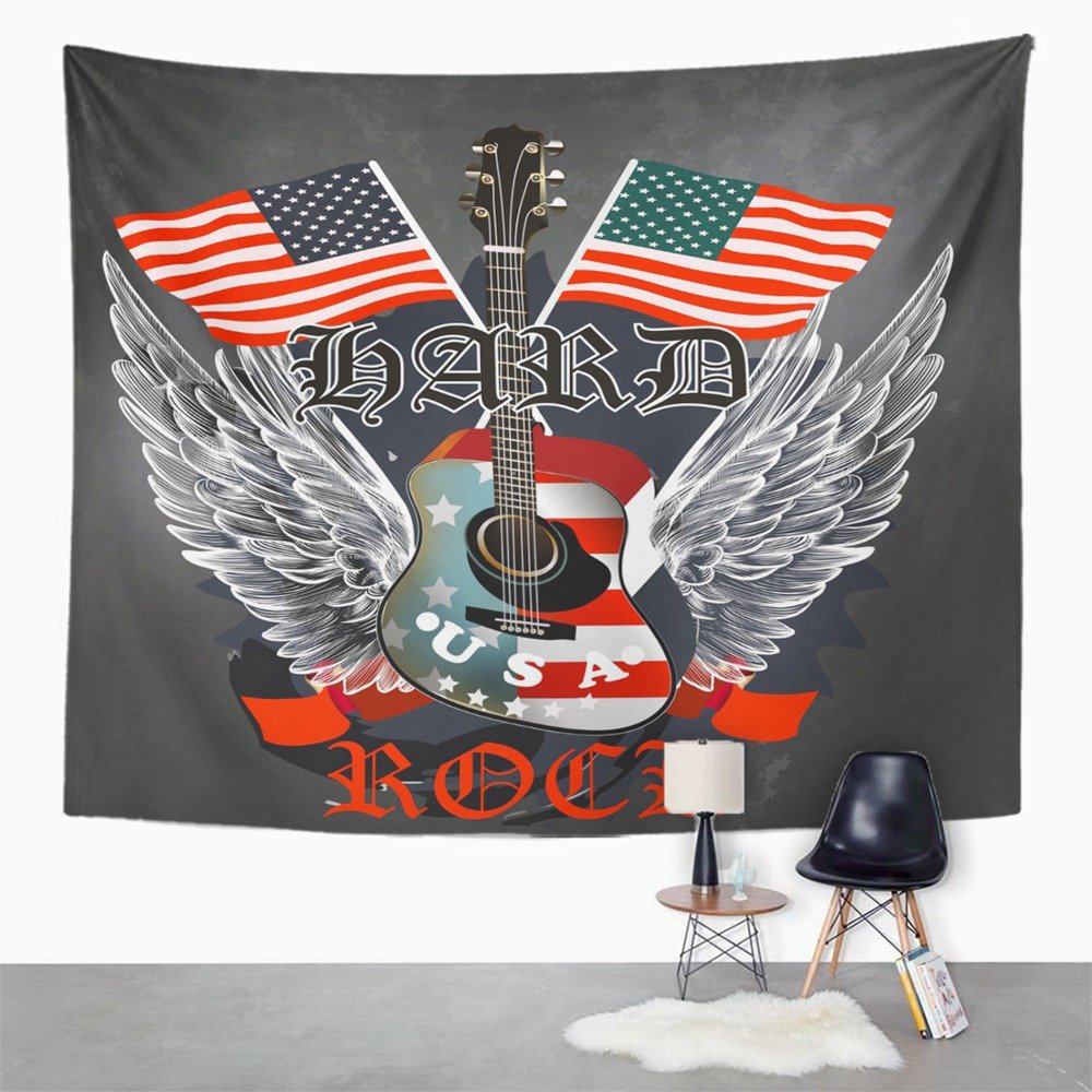 UFAEZU Hard Rock Flayer with USA Flags Wings and Chalk Board Wall Art Hanging Tapestry Home Decor for Living Room Bedroom Dorm 51x60 inch
