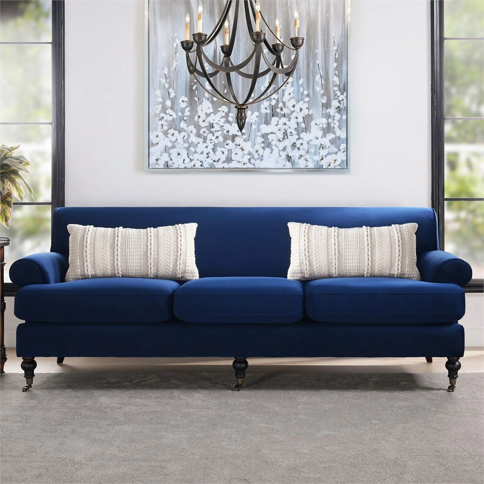Maklaine Contemporary Hardwood Sofa with Metal Casters in Navy Blue