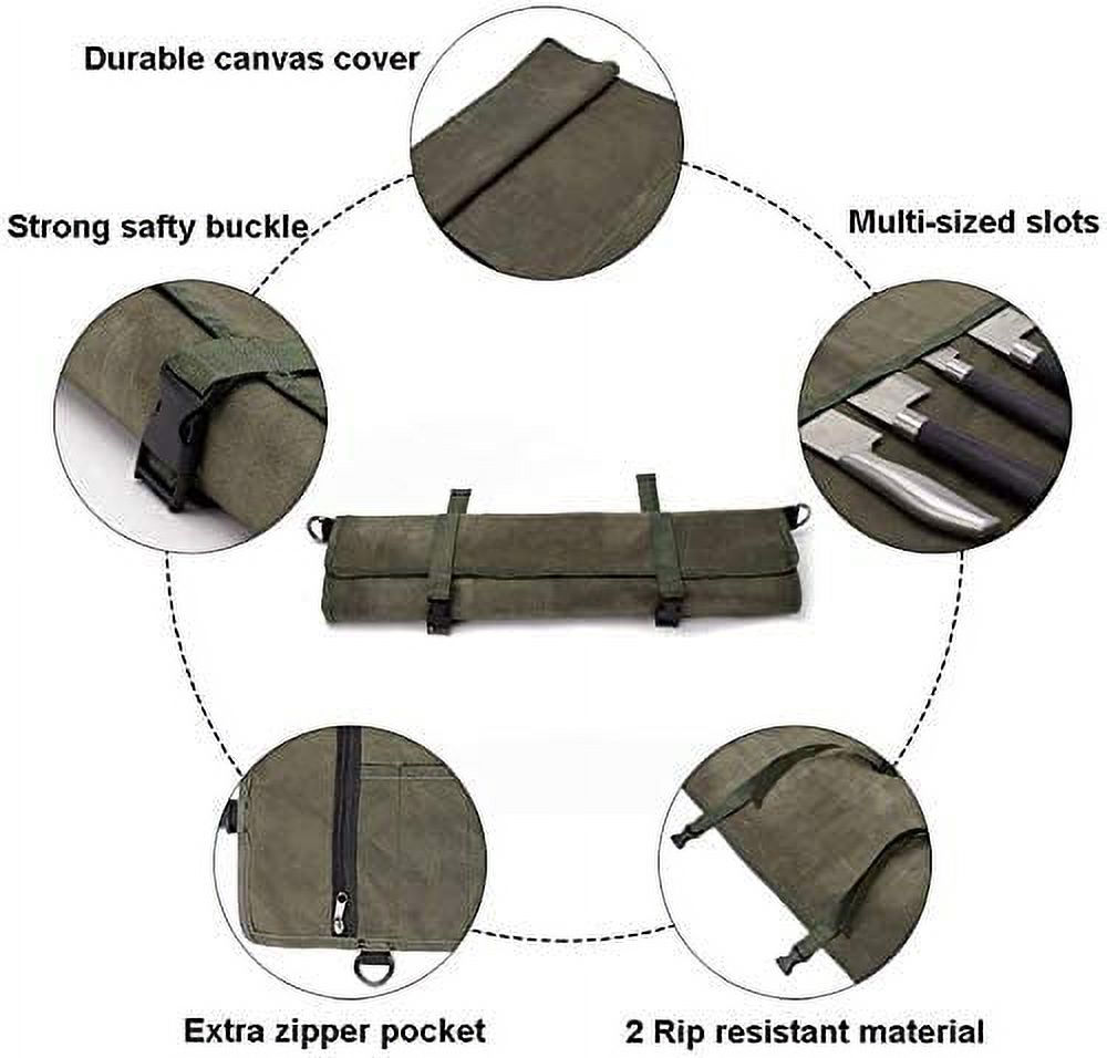 Chefs Knife Roll Bag, Waxed Canvas Knife Cultery Carrier, Portable Chef Knife Cases, Knife Pouch Holders With 10 Slots Plus 1 Zipper Pockets Can Hold Home Kitchen Knife Tools Up To 18.8