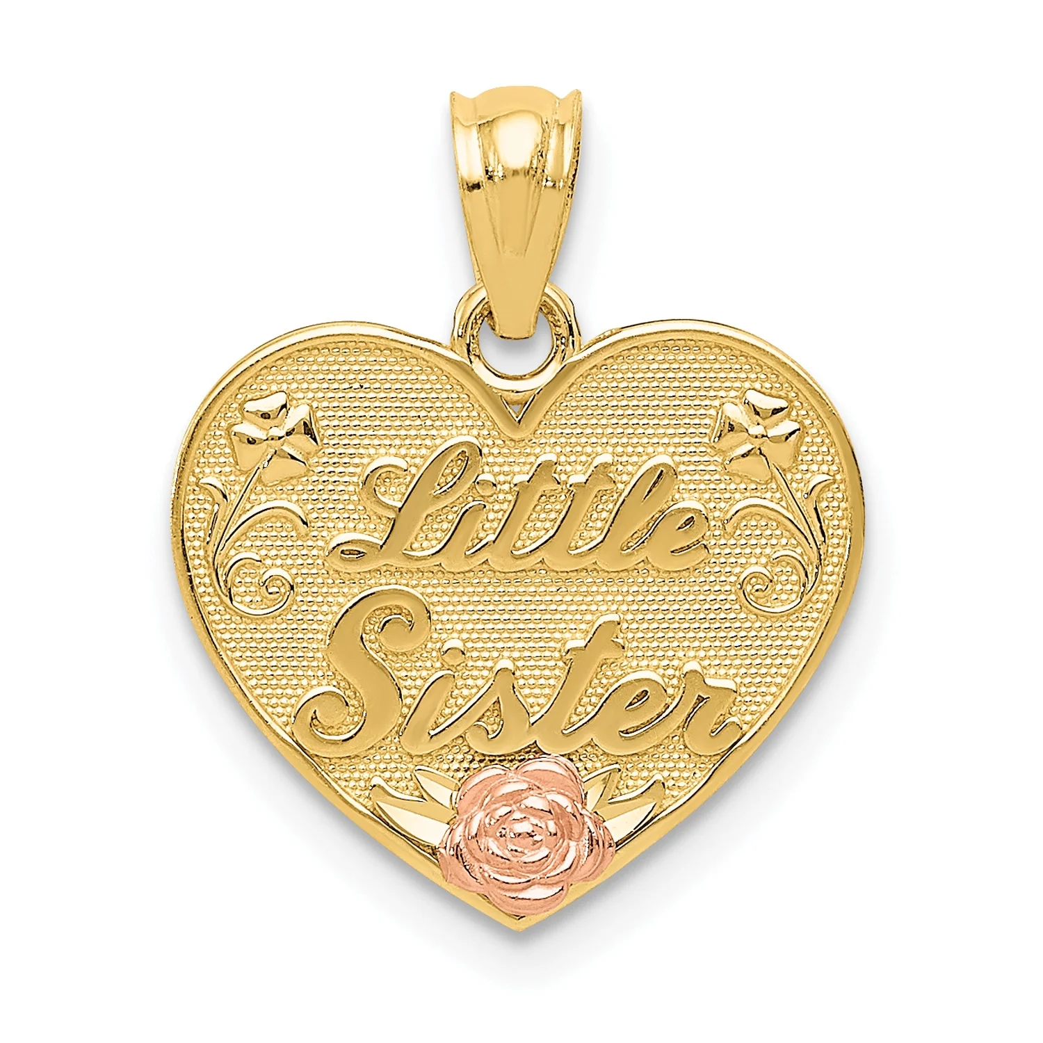 Carat in Karats 14K Two-Tone Gold Two-Tone Little Sister Heart Pendant (20mm X 15mm) With 14K Yellow Gold Light Weight Rope Chain 16