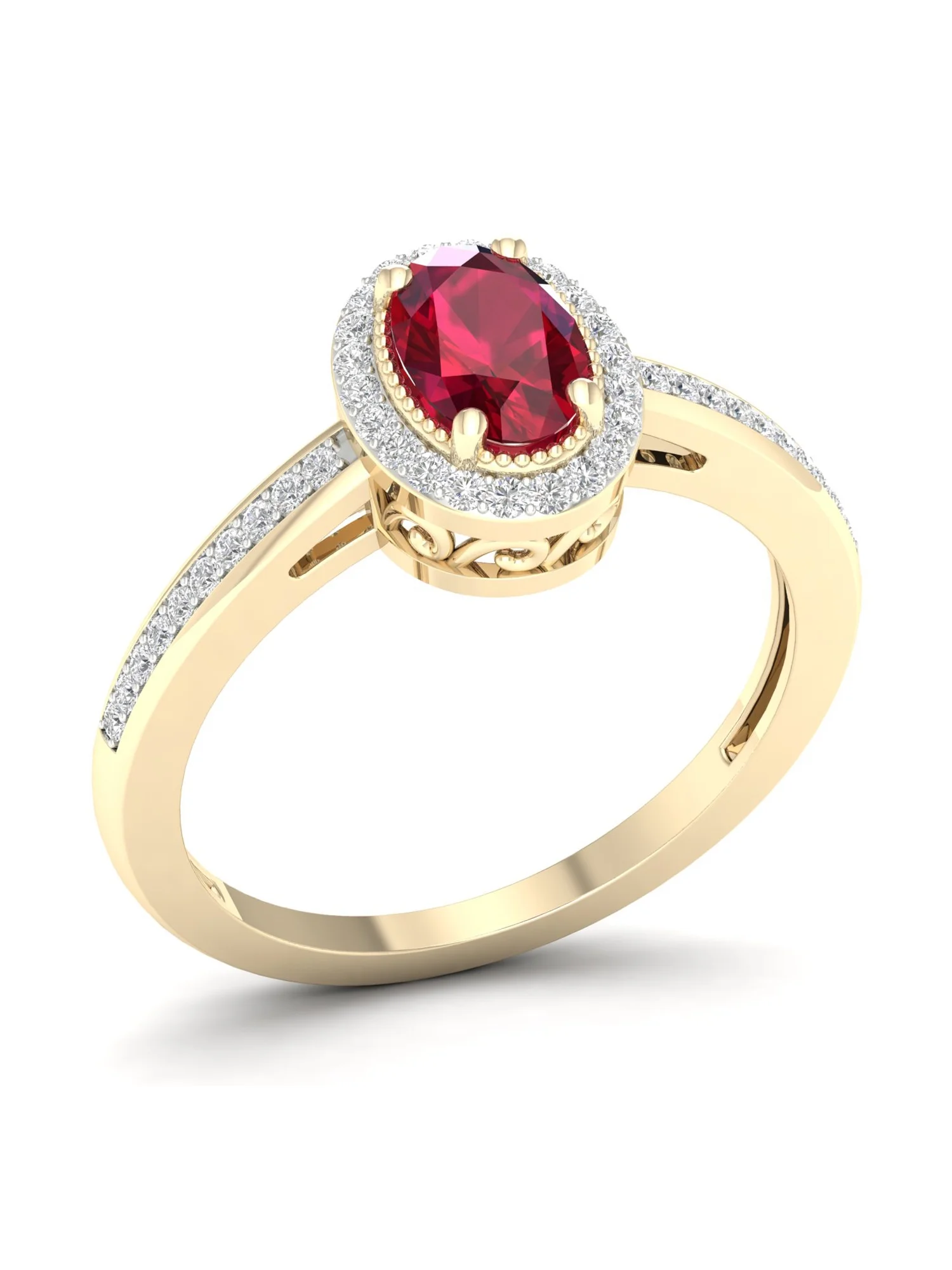 Imperial Gemstone 10K Yellow Gold Oval Cut Ruby 1/8 CT TW Diamond Halo Women's Ring