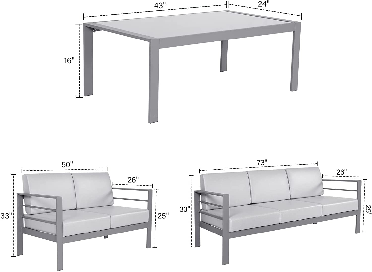 VATENIC Outdoor Patio Furniture Set Metal Patio Couch Conversation Sets Modern Sectional Seating Sofa with Waterproof Cushion and Coffee Table（3 Pieces）