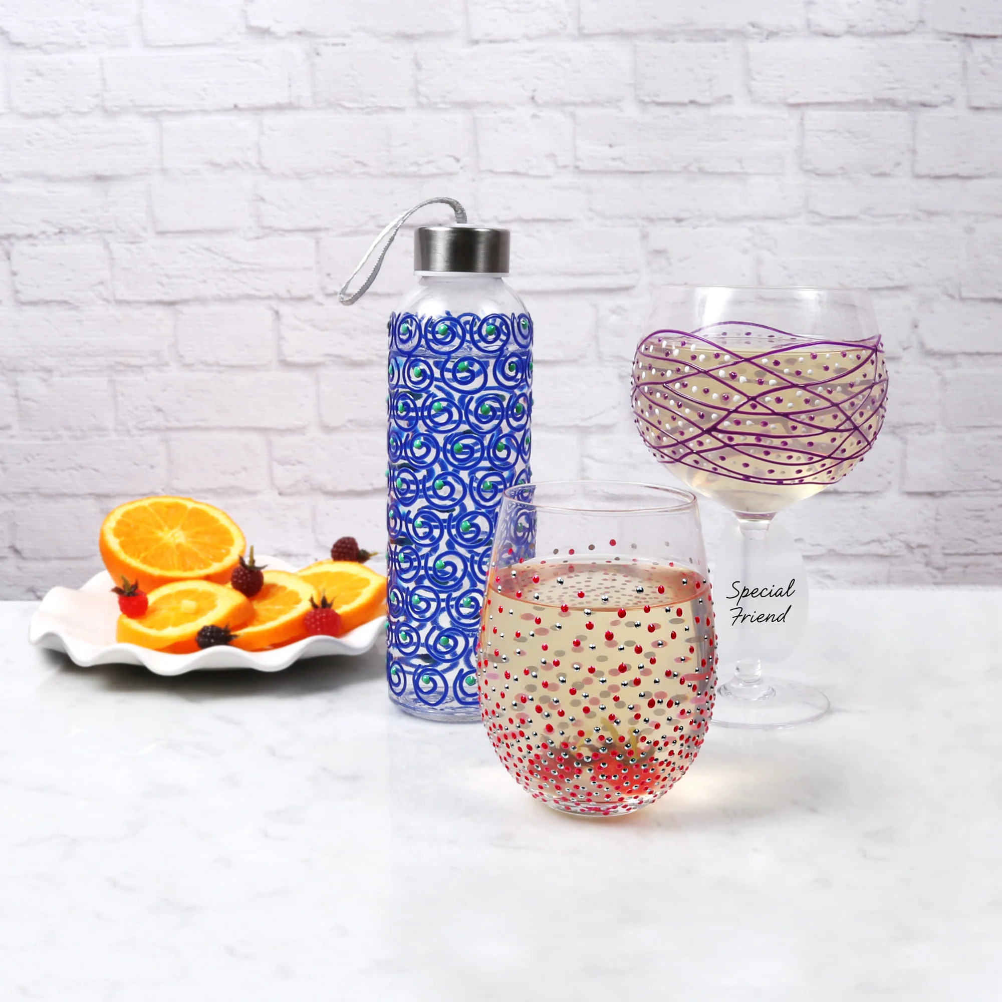 Blue Swirl 16.5 oz Hand Decorated Glass Water Bottle