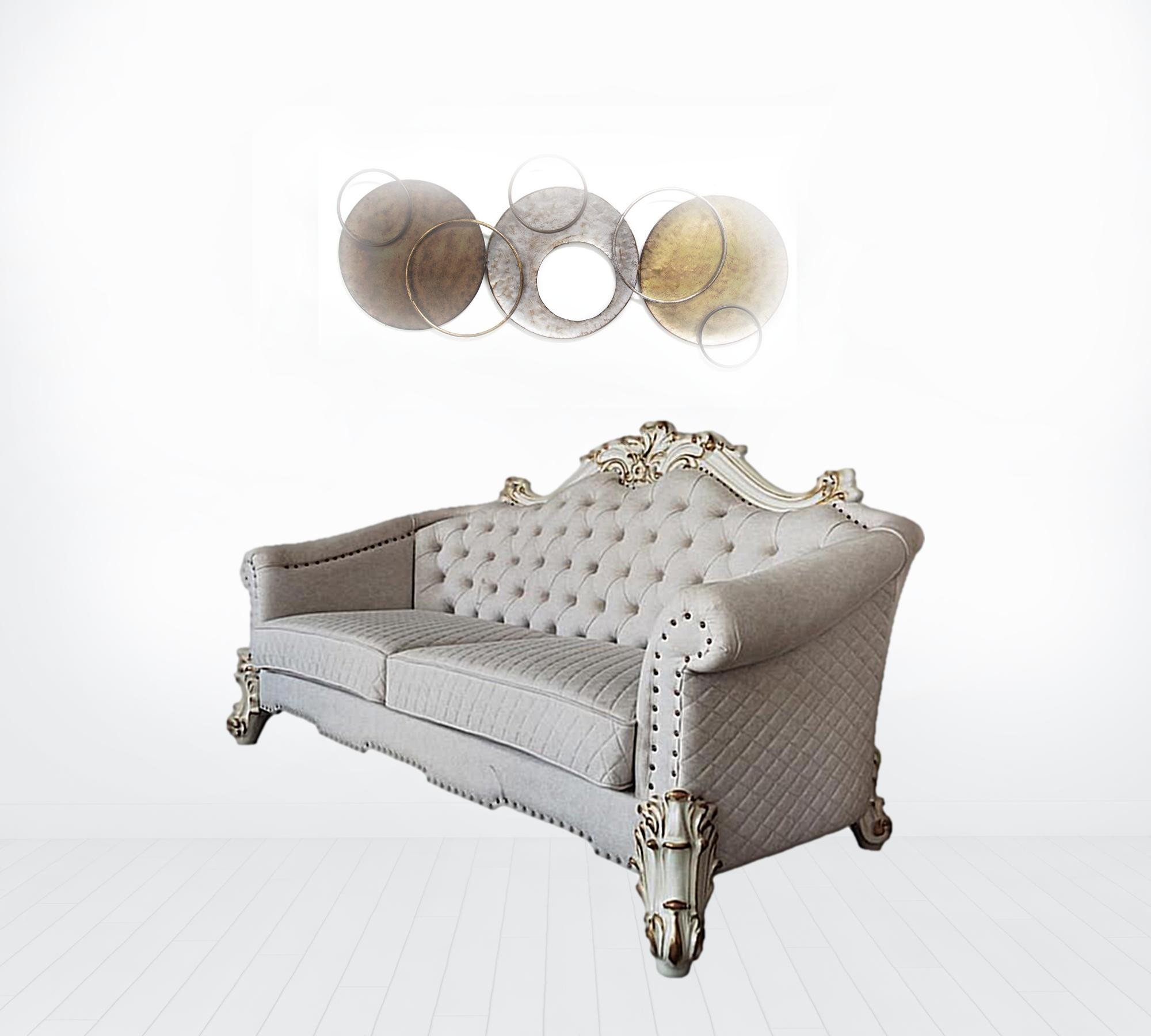 HomeRoots 491049 89 in. Ivory Velvet & Pearl Sofa with Six Toss Pillows