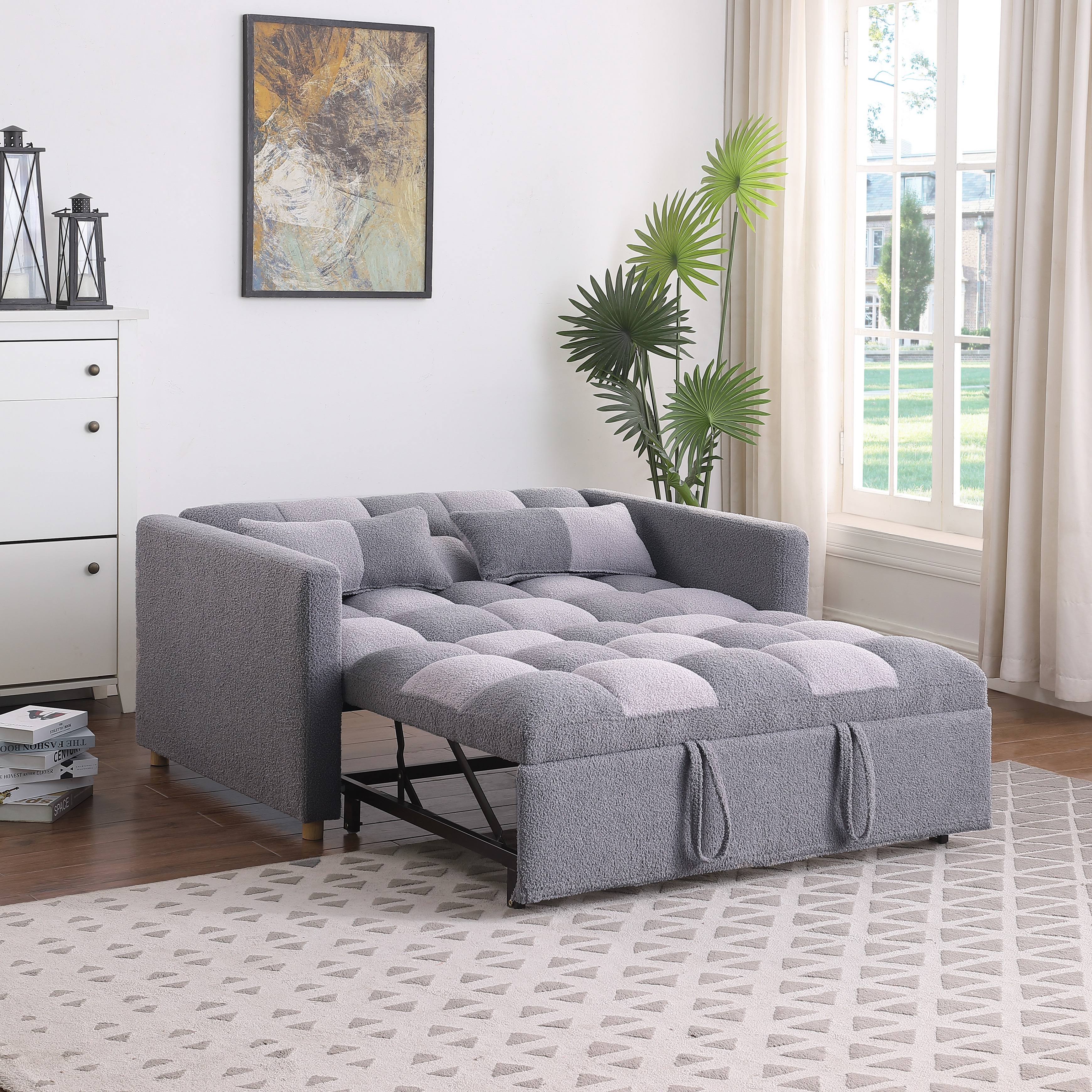 Momspeace Convertible Sofa Bed Teddy Sofa Couch, 3 in 1 Sleeper Couch With Pull Out Bed Loveseat&nbsp;for Living Room,Small Space - Gray