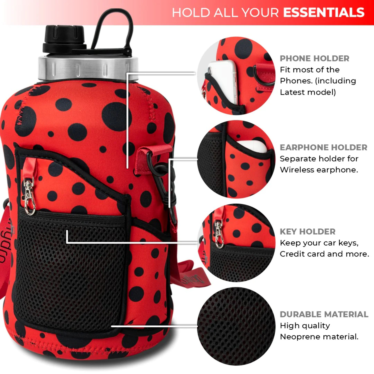 DR.HYDRO Gallon Water Bottle with Storage Sleeve and Silicon Handle -BPA Free 1 Gallon Water Bottle with Straw - Black Lady Bug